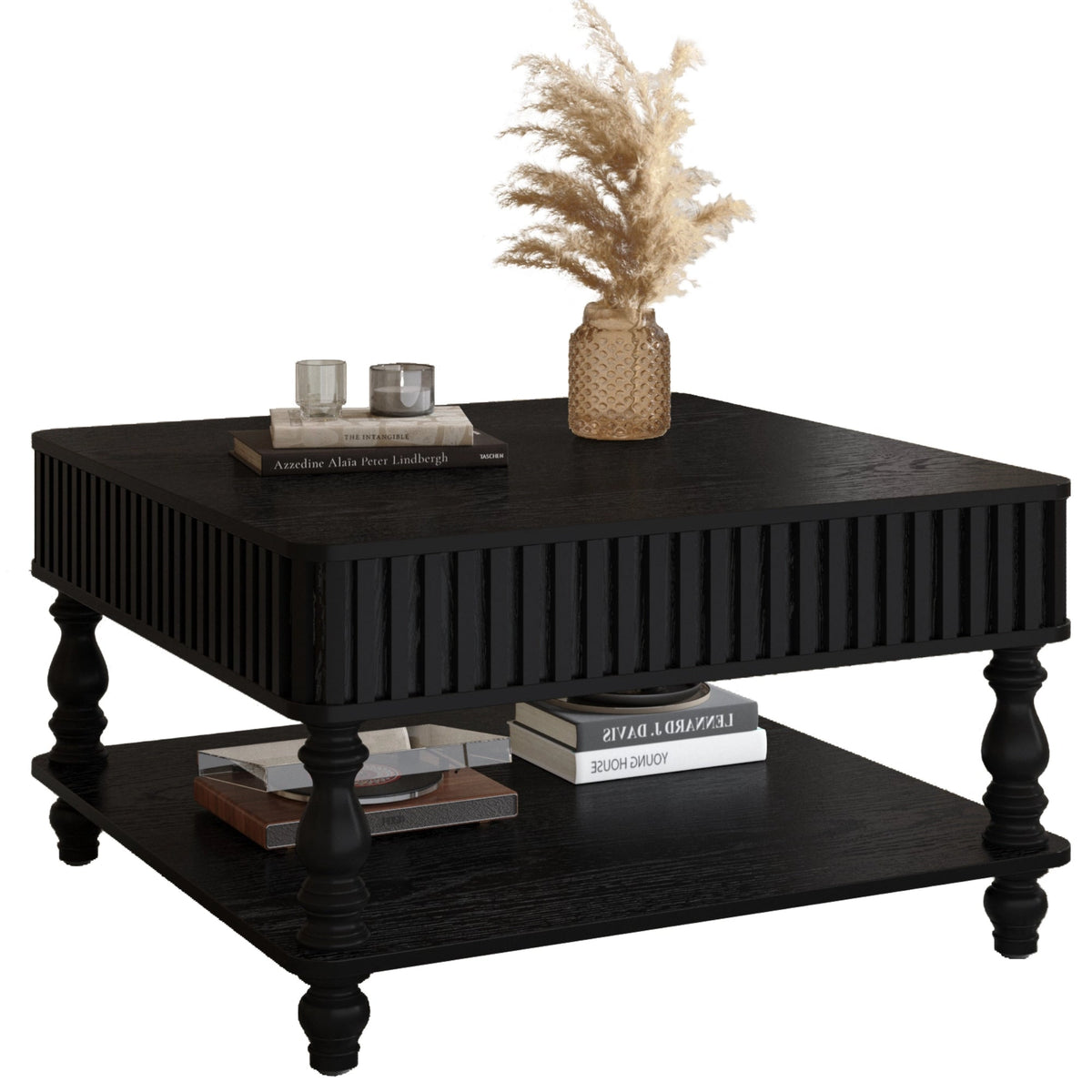 31.5 Inch Square Fluted Lift-Top Coffee Table with Hidden & Open Storage, Hydraulic Raising Mechanism, Retro Solid Wood Legs for Living Room, Sofa (Natural Wood)