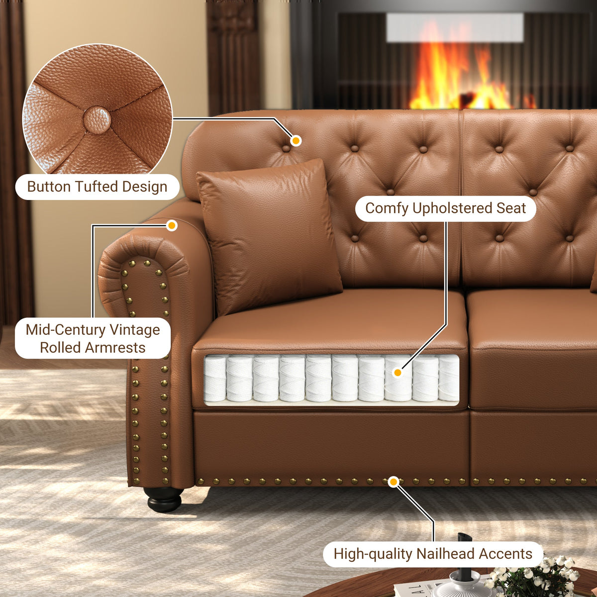 82.6'Upholstered Faux Leather Sofa with Nailhead Trim and Rolled Armrests,Mid-Century Modern Chesterfield Sofa with Button Tufted,Includes 3 Pillows,Black