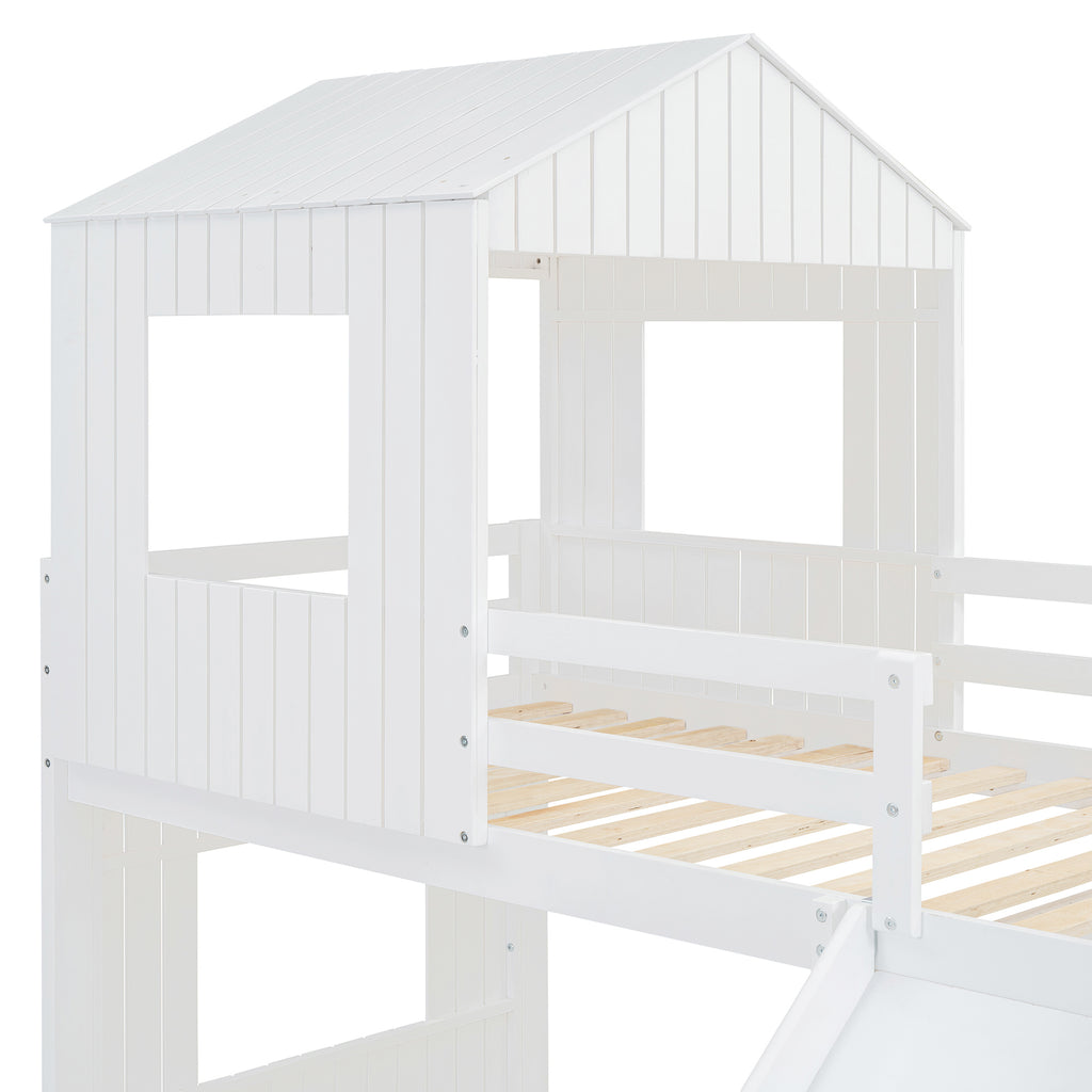 White twin-over-full bunk bed back view