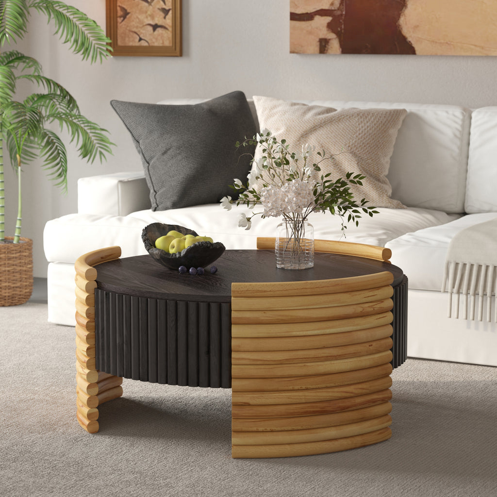 Dark brown and natural wood two-tone round coffee table top view