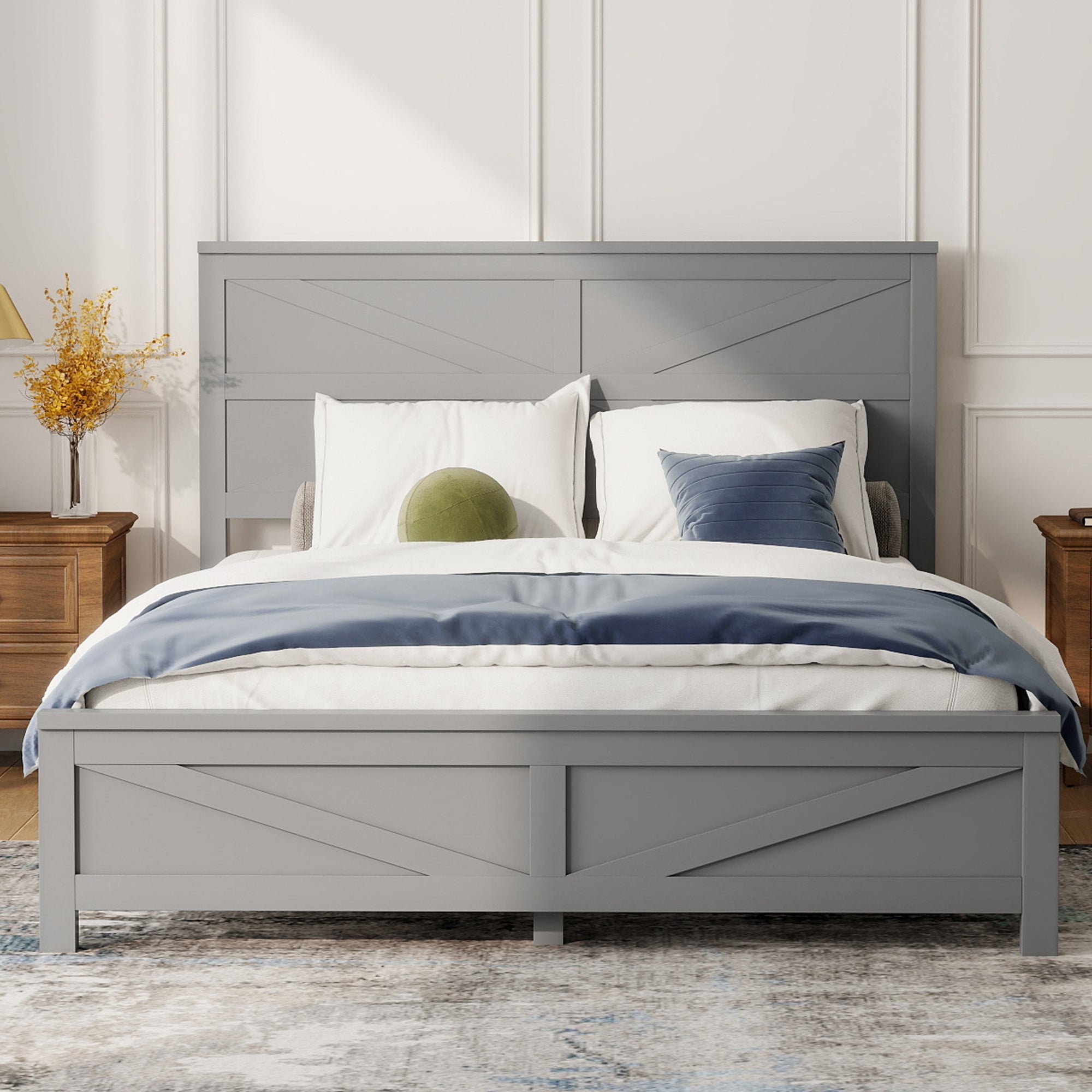Farmhouse Style Queen Size Bed with Barn Door Designed Headboard and Footboard, Pinewood Bed with Strengthened Bed Frame ,White
