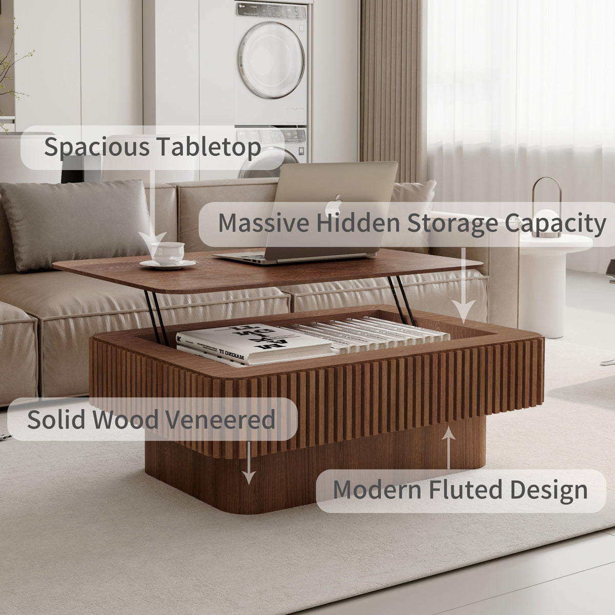 38.6'' Fluted Lift-top Coffee Table Solid Wood Veneered Modern Coffee Table Accent Tea Table with Storage and Adjustable Height for Living Room, Bedroom, Apartment or Office, Grey