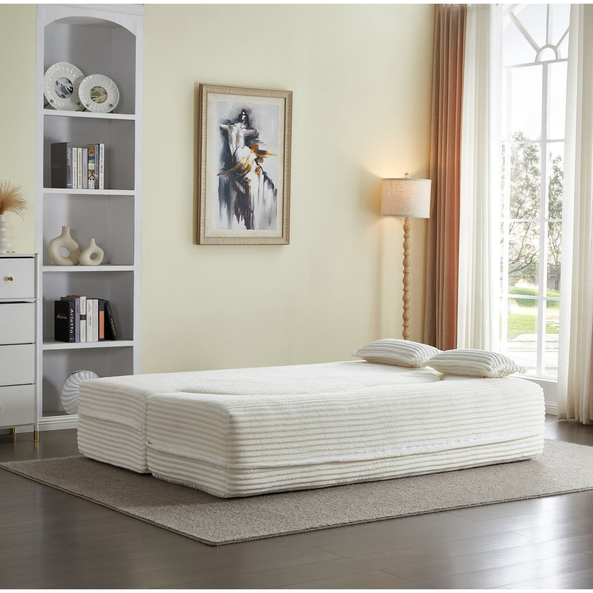Modern Floor Sofa with 2 Pillows, Convertible Plush Corduroy Foam-Filled Sleeper Sofa Bed,15 ' Full Size Folding Mattress for Living Room, Guest Bed, no assembly required, Light Grey
