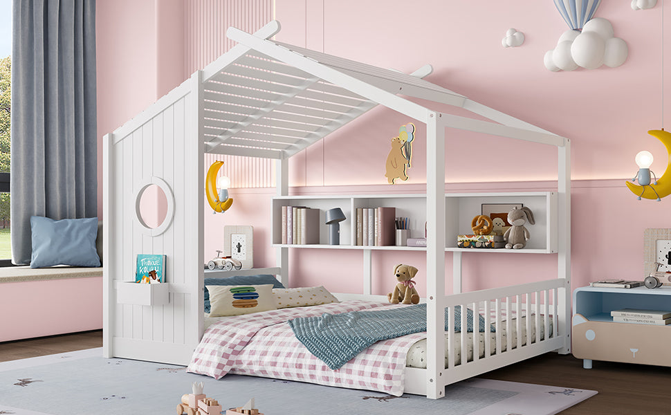 Full Size Floor House Bed for Toddler, Kids Montessori Bed with Storage Shelf, Playhouse Bed with Roof Design, Gray