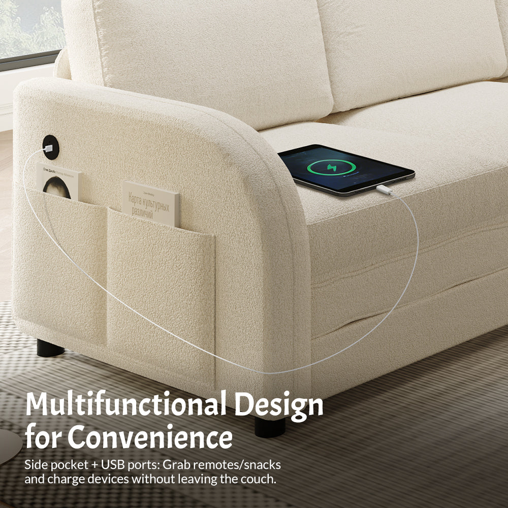 115.2' L-Shaped Sofa Couch with Pull-Out Bed,Oversize Convertible Sleeper Sofa with side Pocket & USB Port,Teddy Upholstered Sectional Couches with Convert Left/Right Facing, Light Grey