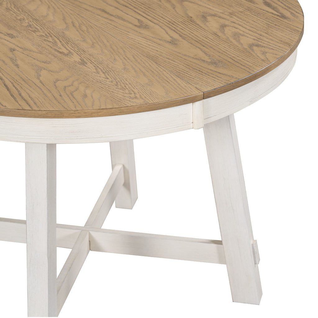 Oak antique white round dining table leaf insertion detail