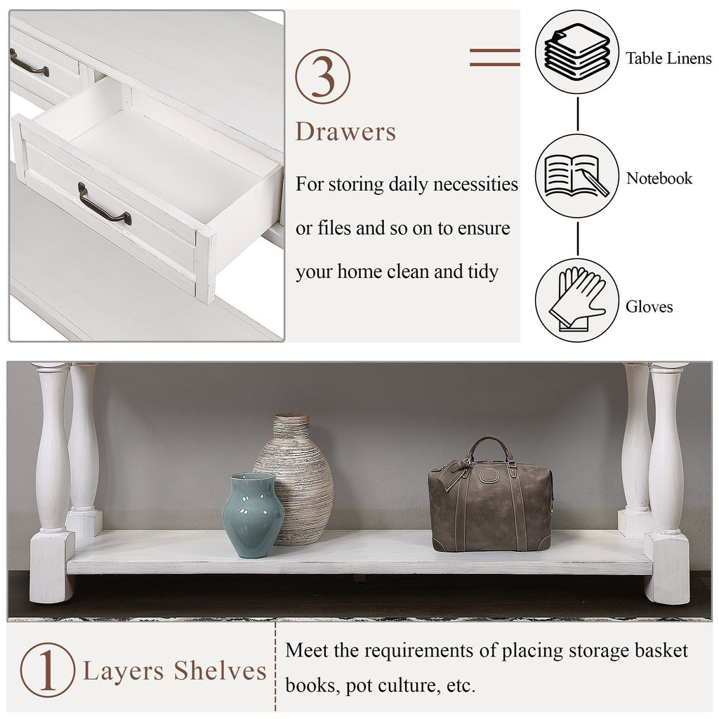 Pine wood console table bottom shelf storage overview