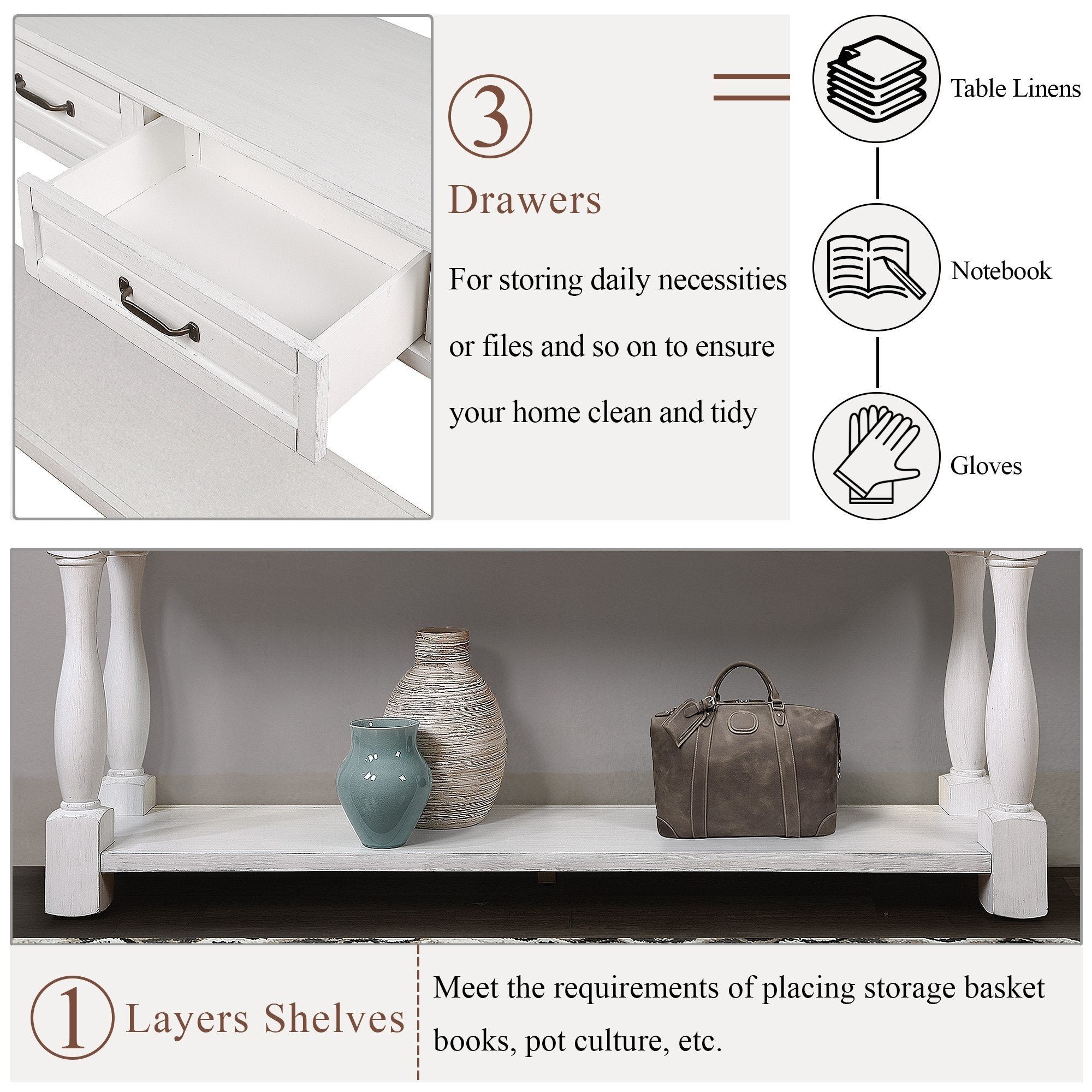 Pine wood console table bottom shelf storage overview