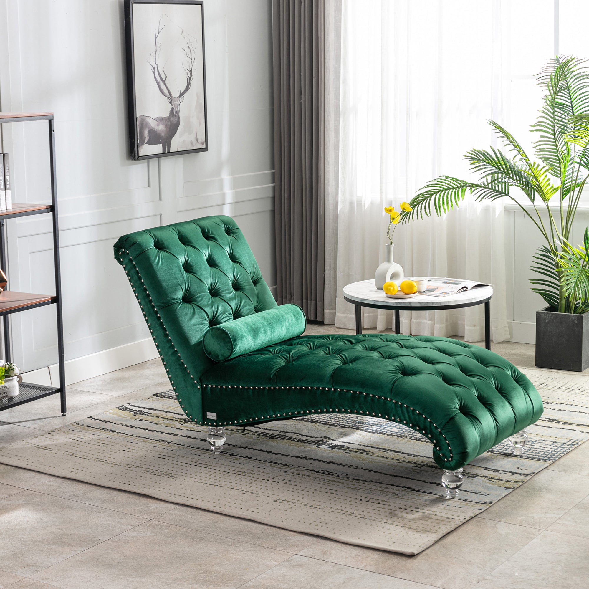 Emerald velvet chaise in living room setting