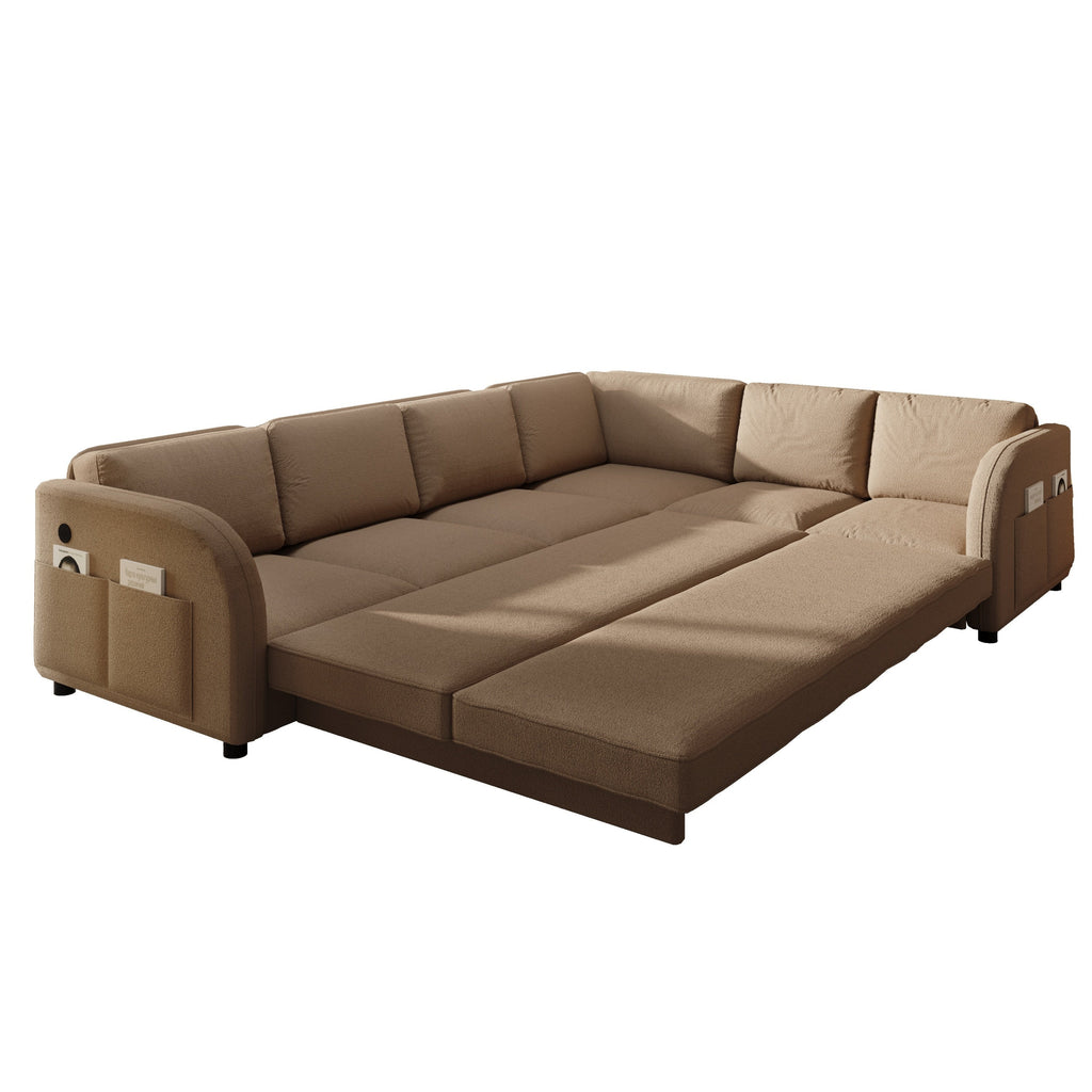 115.2' L-Shaped Sofa Couch with Pull-Out Bed,Oversize Convertible Sleeper Sofa with side Pocket & USB Port,Teddy Upholstered Sectional Couches with Convert Left/Right Facing, Light Grey