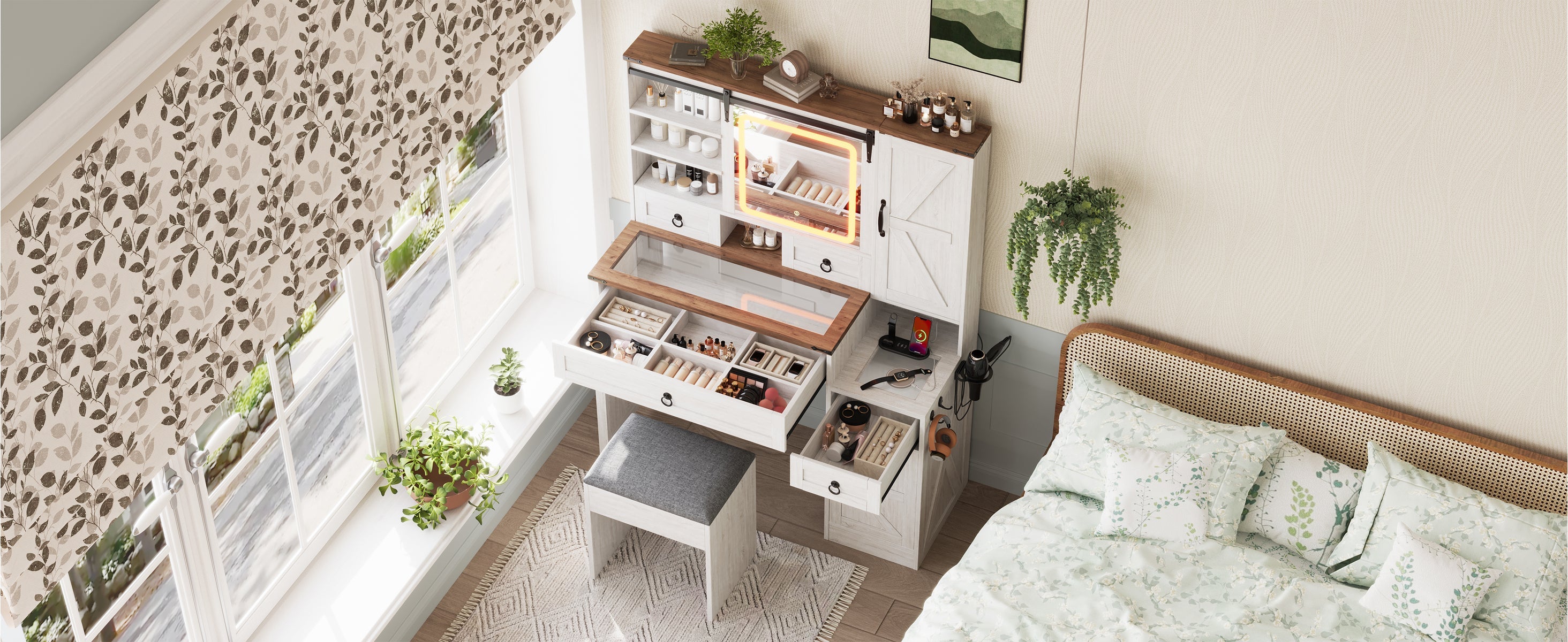 Farmhouse Vanity Desk with Sliding Mirror and Lights, Vanity Set with Glass Top and Charging Station ,Dressing Table with 4 Drawers and 2 Cabinets, Dressing Table with Stool for Bedroom, Gray