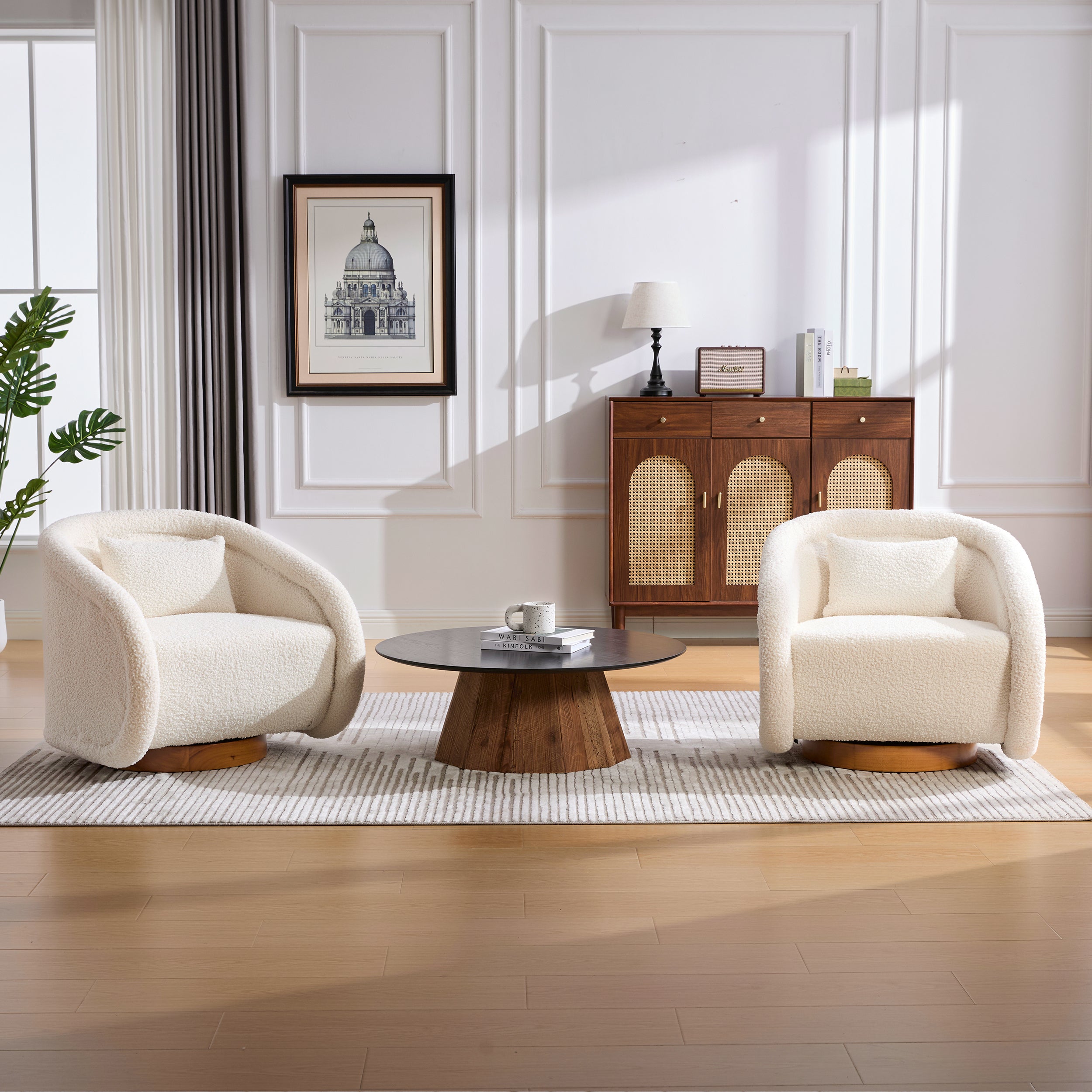 White teddy swivel accent chair back view