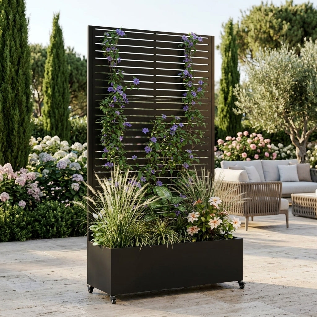 Metal Planter Box with Trellis, 73'x35'x16 Metal Raised Garden Bed with Trellis, Metal Planter Box with Drainage Holes & Lockable Wheels & Privacy Screen for Climbing Plants, Vegetables, Vines