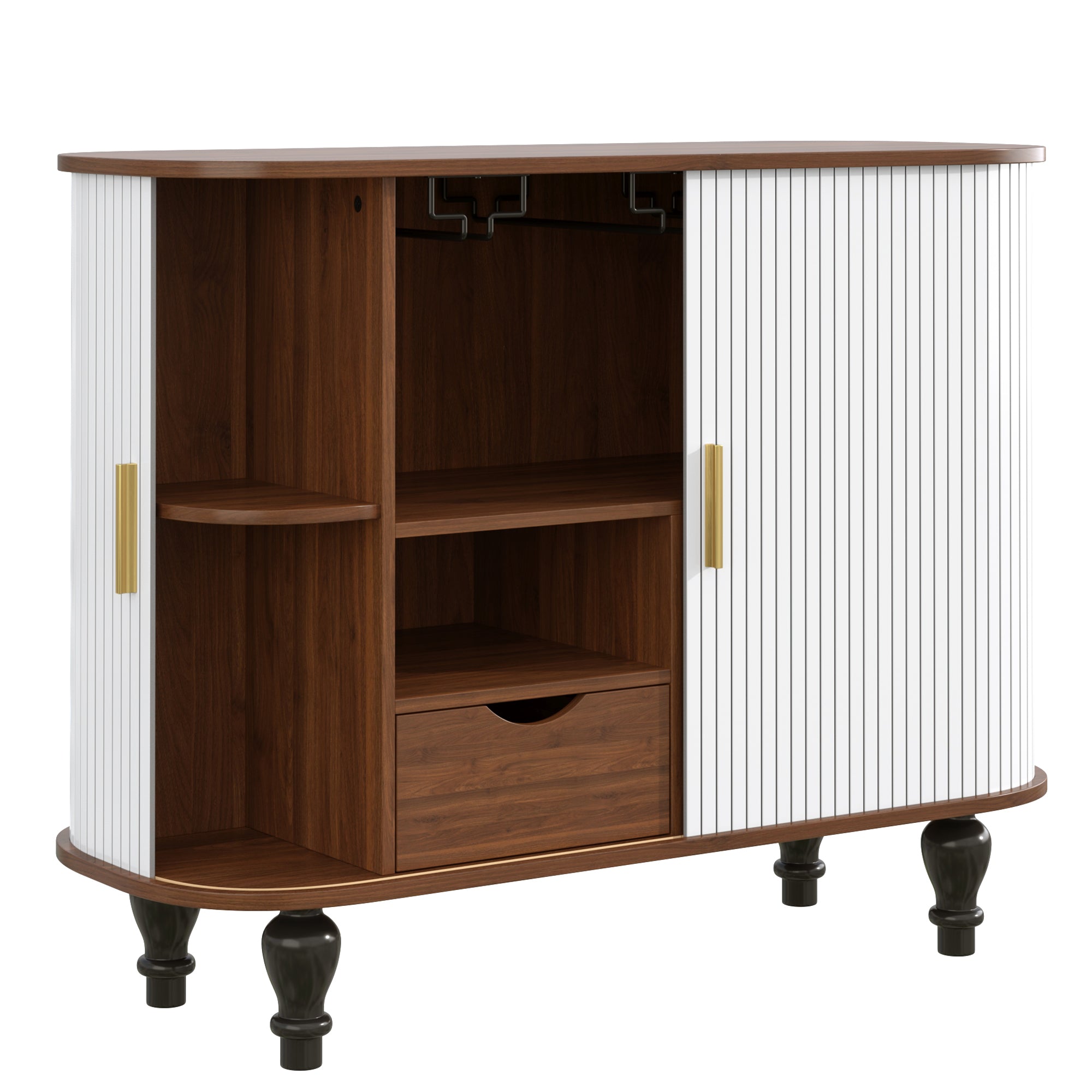 39' Fluted Liquor & Coffee Bar Cabinet with 6 Wine Racks and 3 Glass Holders, Mid-Century Modern Bar Cabinet with A Large Storage Drawer ,4 Hidden Storage Space on the Side , Black