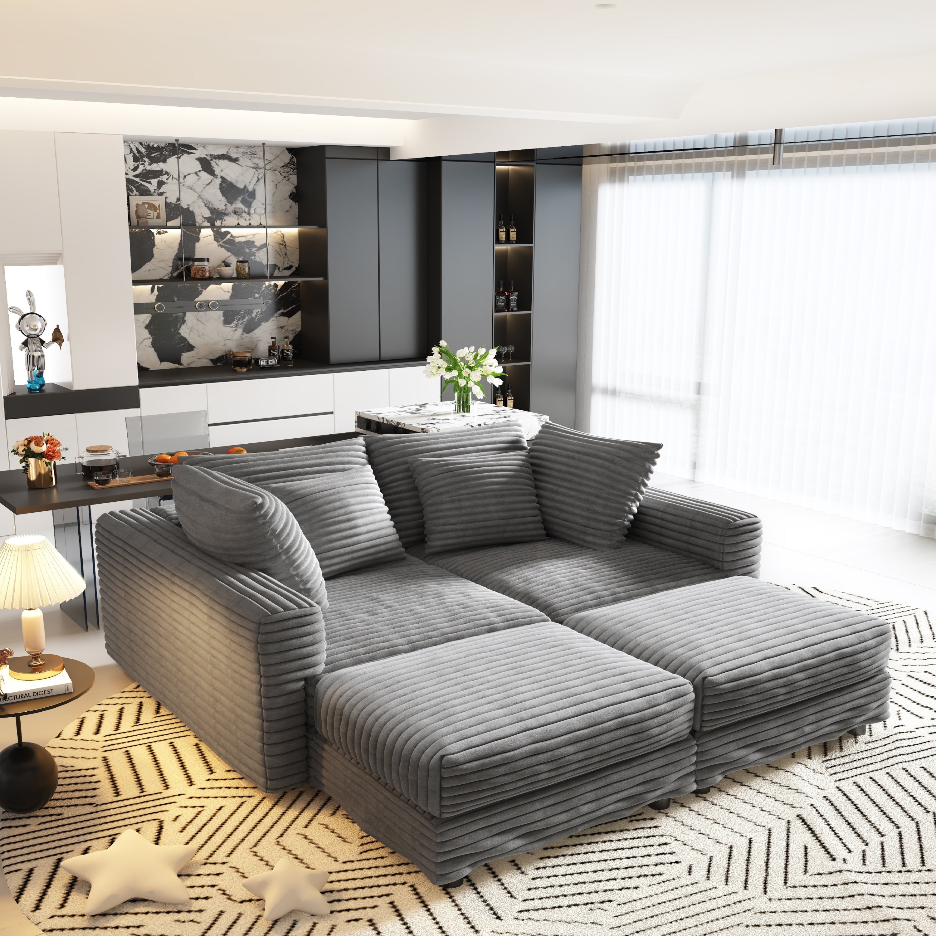 102.4 'Plush Corduroy 4-Seat Sofa,Modern Comfy Upholstered Sofa Cloud Couch,Deep Seat Couches with Soft Pillows and 3 Ottomans,Convertible Sofa Lounge Chair,Black(Old SKU:W1885S00287)
