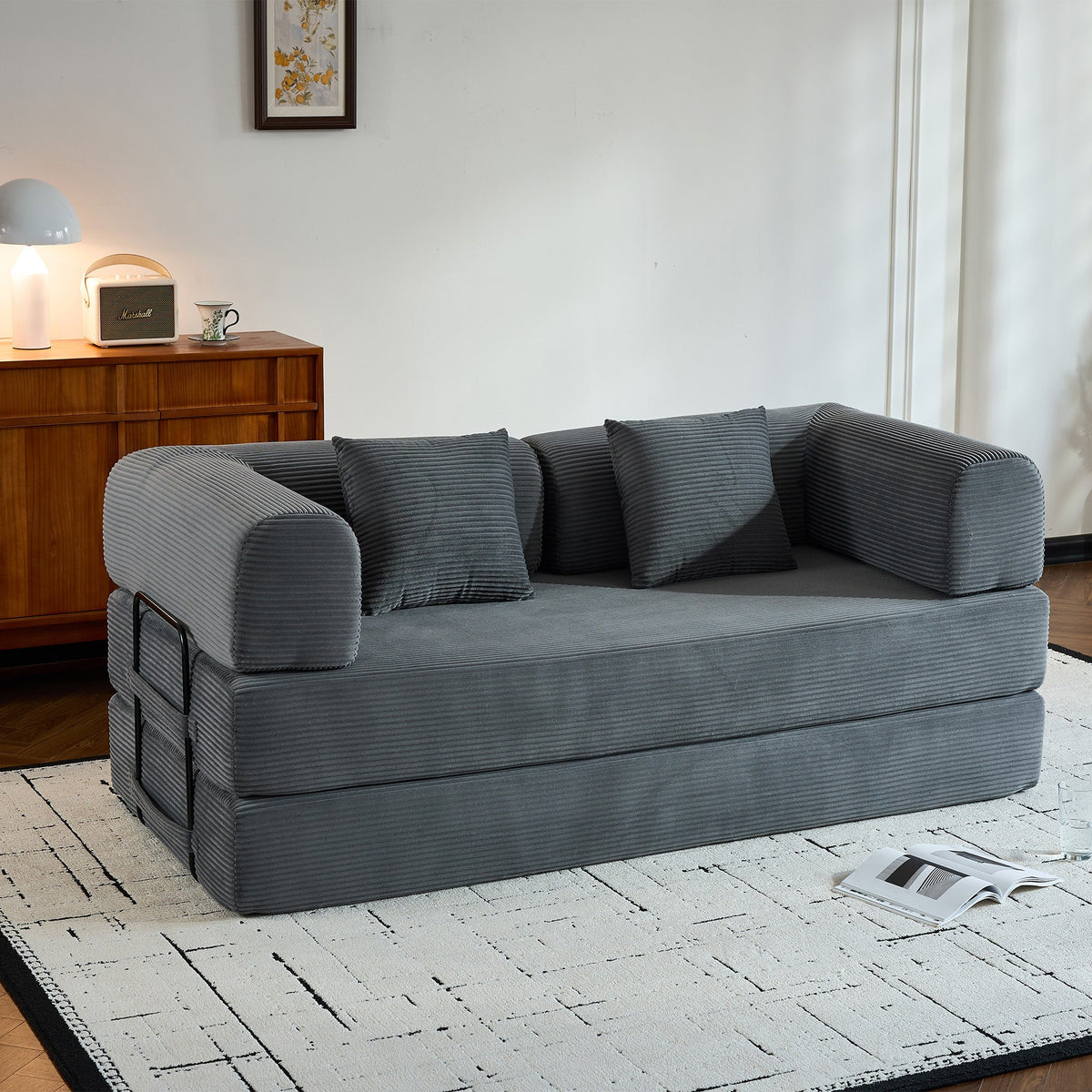 Convertible Sleeper Sofa Bed with Cylindrical Pillow, Corduroy Folding Mattress Couch with Fixed-Shape Frame, Floor Sofa Lounge Couch for Living Room Bedroom Black
