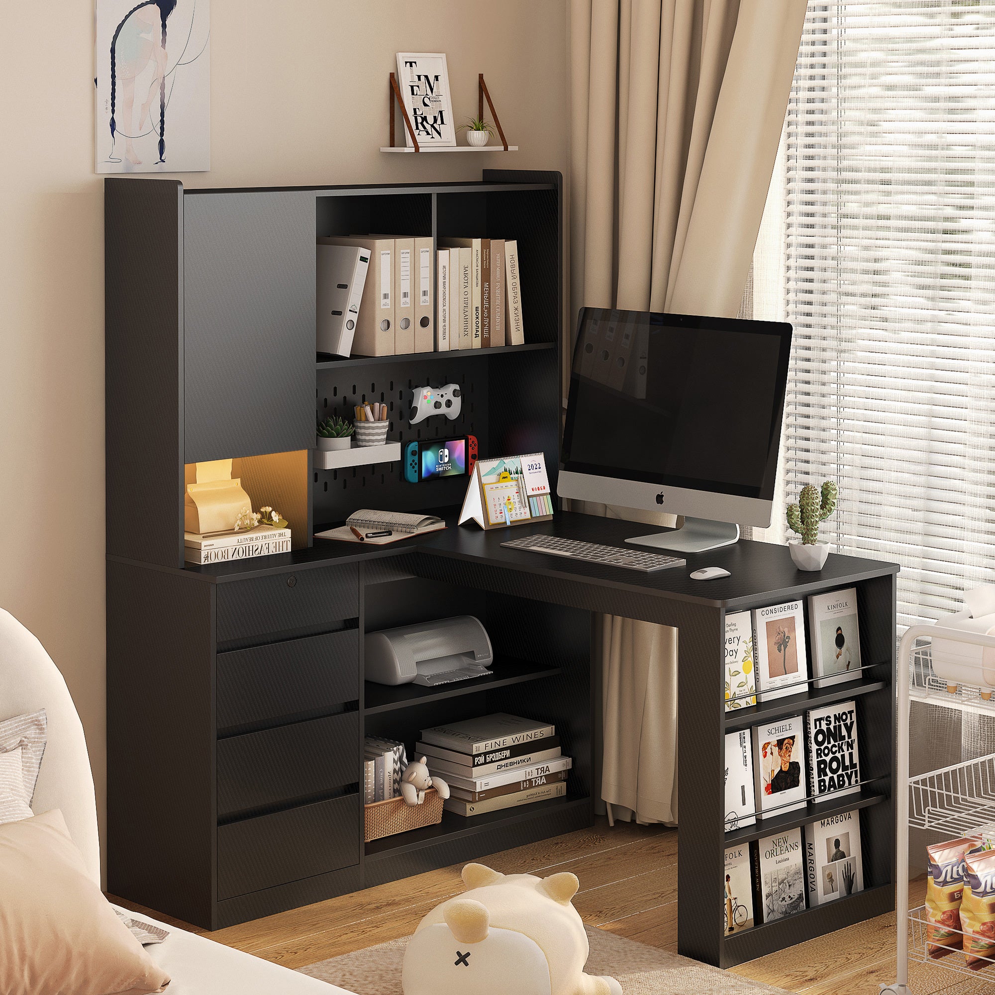 Black L-shaped desk with bookshelf and charging station — front view