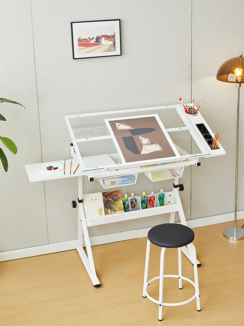 White adjustable drawing desk with tiltable tempered glass desktop