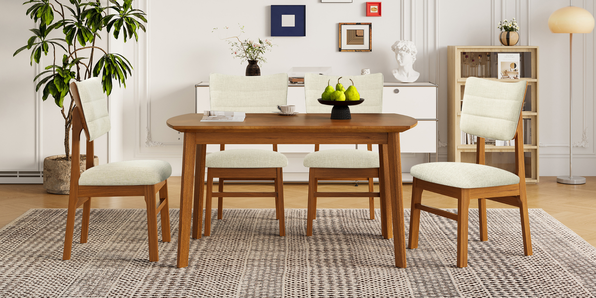 Farmhouse Dining Table Set for 4, Wood Kitchen Table & 4 Upholstered Chairs with Sturdy Rubber Wood Frame, Padded Seat, Curved Backrest, Space-Saving Dinette Set for Dining Room, Brown+Gray