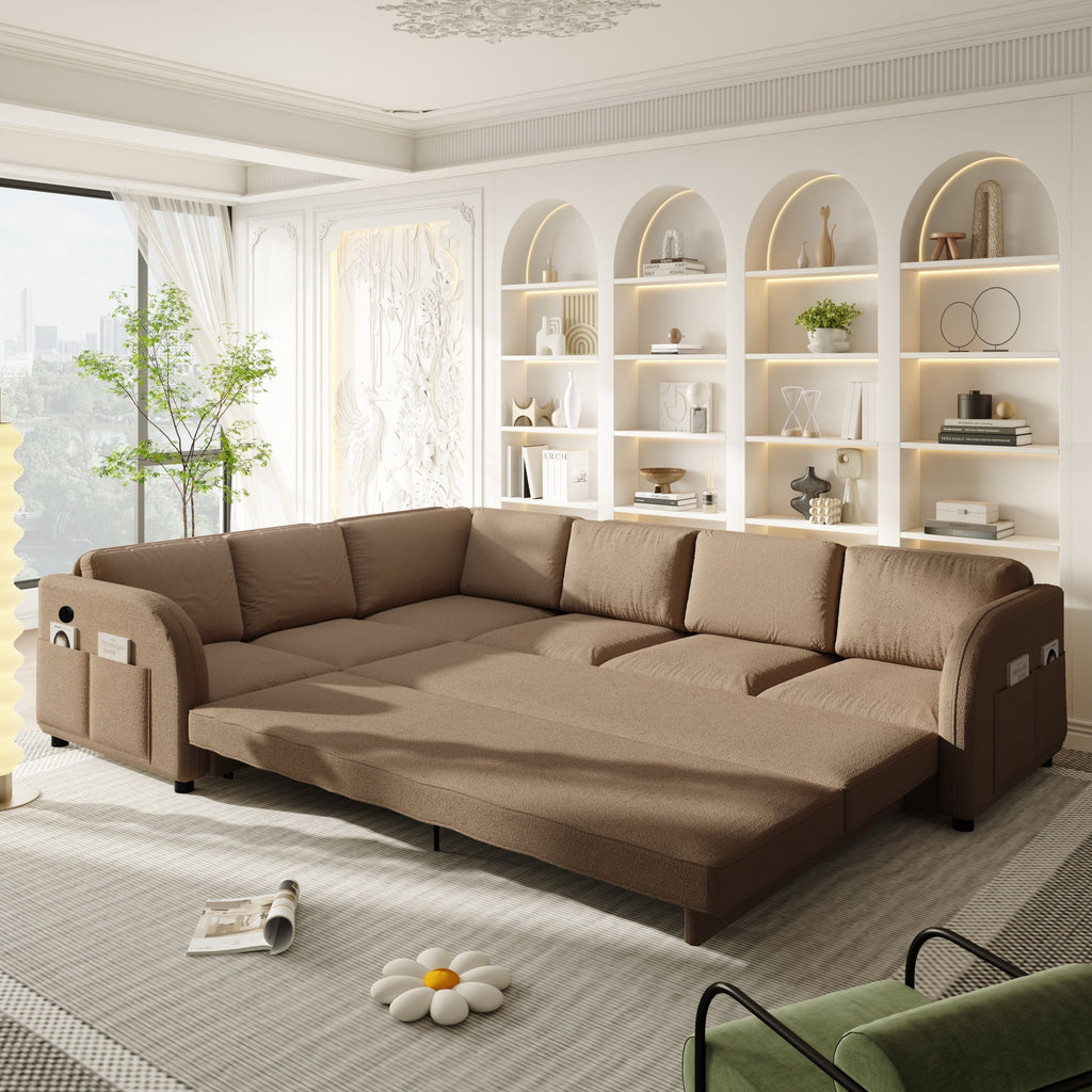 115.2' L-Shaped Sofa Couch with Pull-Out Bed,Oversize Convertible Sleeper Sofa with side Pocket & USB Port,Teddy Upholstered Sectional Couches with Convert Left/Right Facing, Light Grey