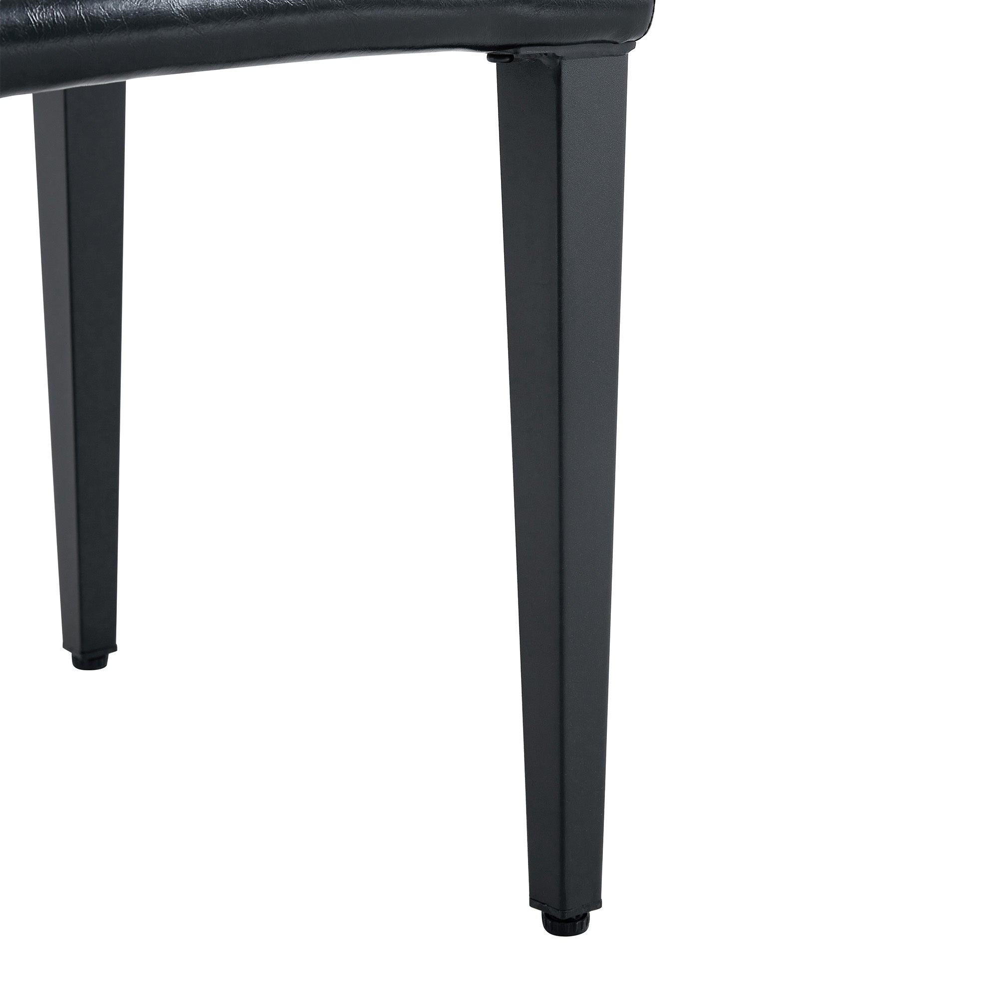 Table and chair set. 71 * 35.4 inch Wood grain MDF splicing desktop with X-shaped metal frame dining table.Includes 8 white PU dining chairs With Black Metal Legs.Making it an ideal choice for home.