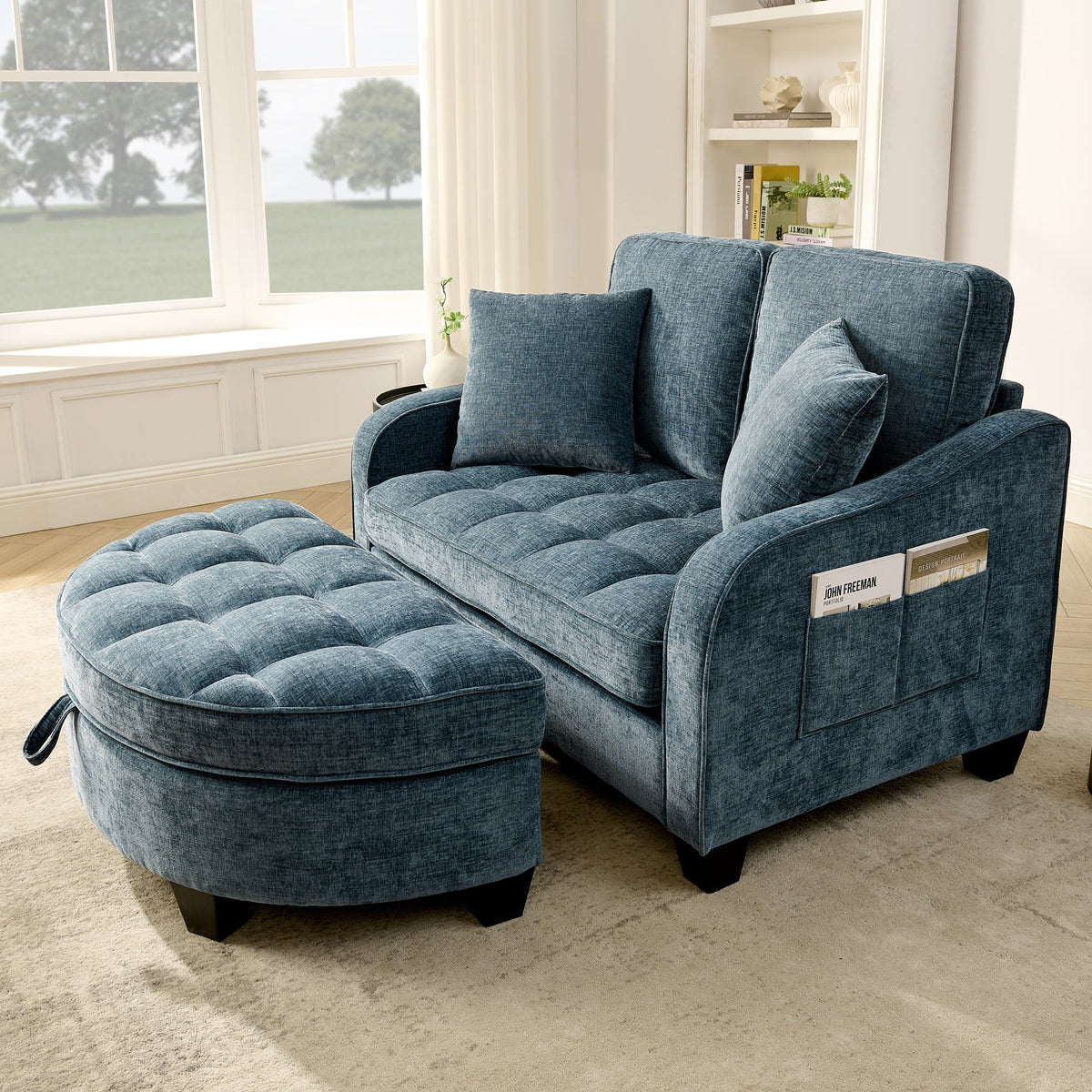 Two-seater sofa, double sofa chaise longue, with irregular armrests and backrests, footrest with storage space, comes with two small throw pillows, suitable for living room and bedroom -Blue
