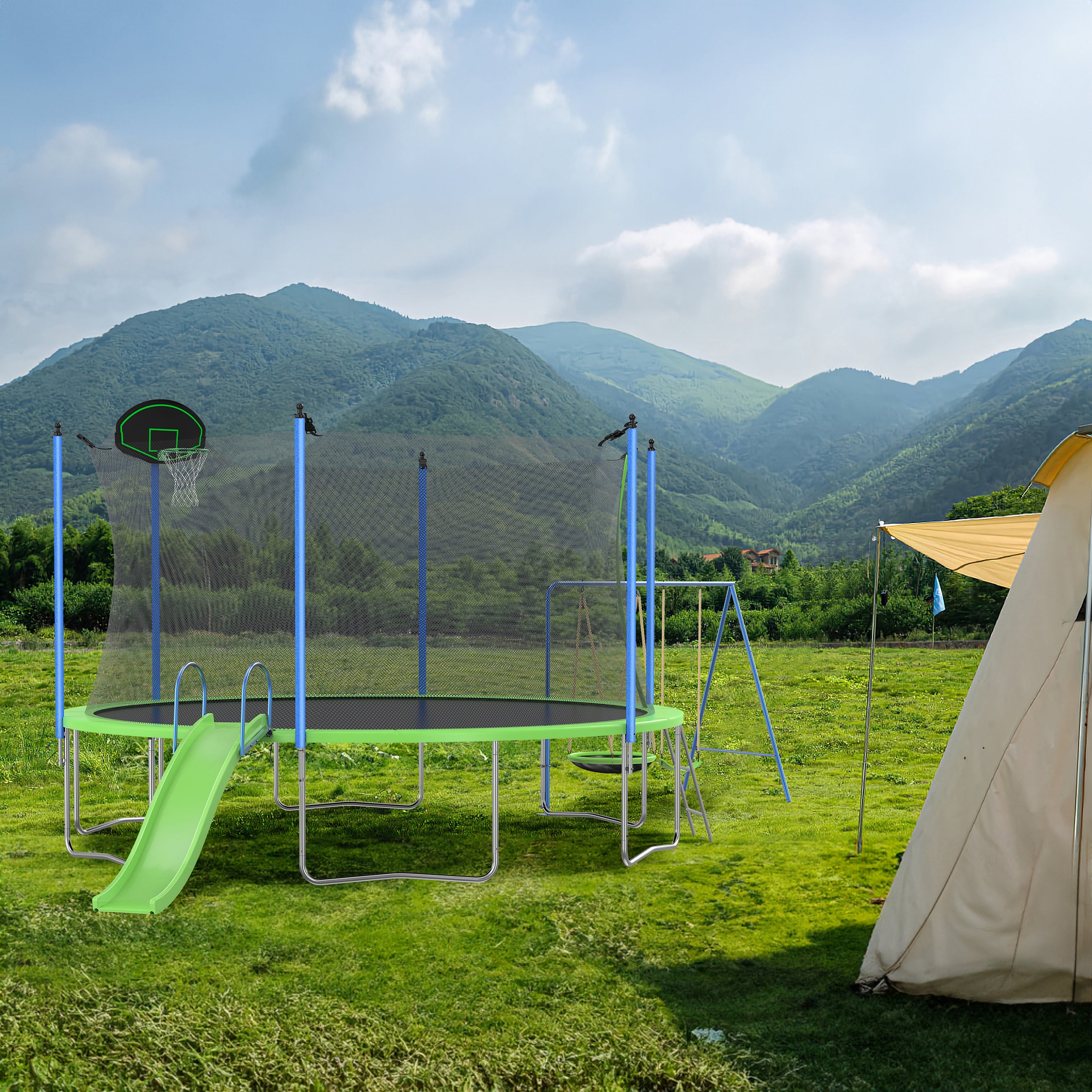 Green outdoor backyard trampoline full assembled view