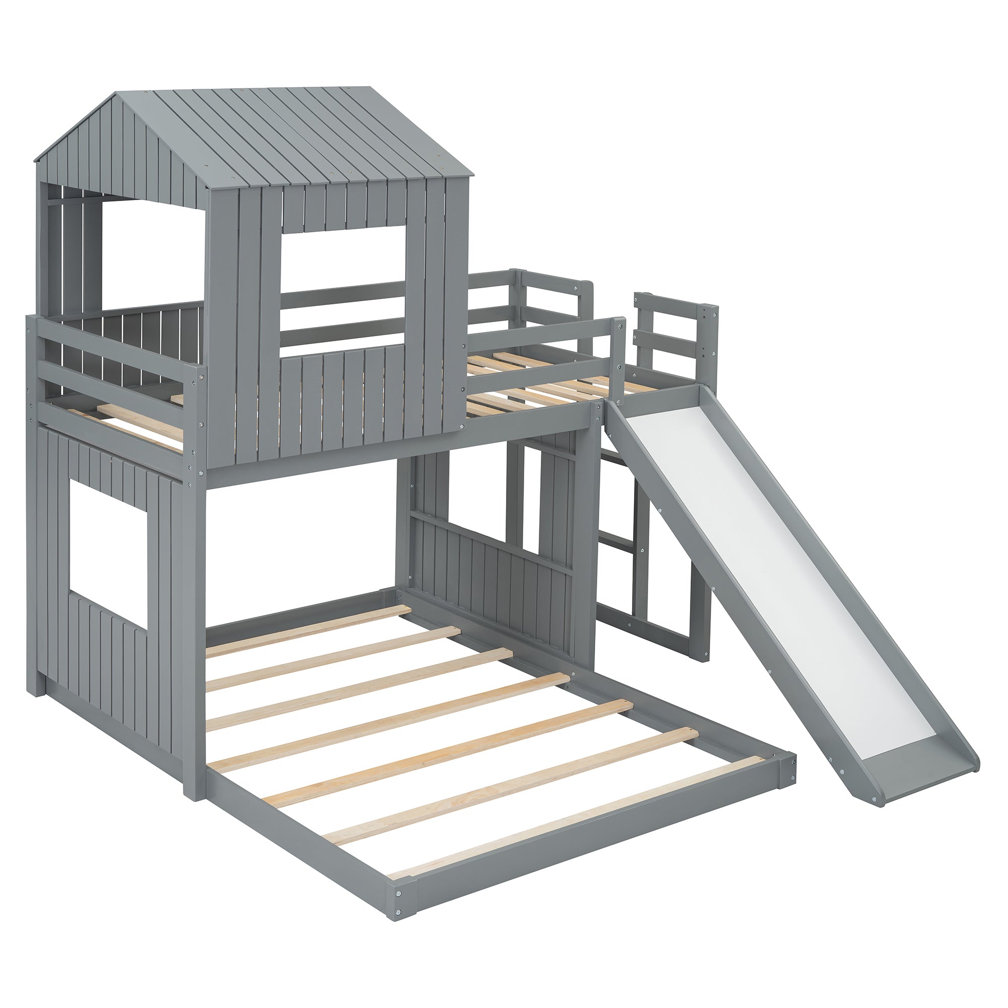 Playhouse bunk bed square window cutout on upper bunk
