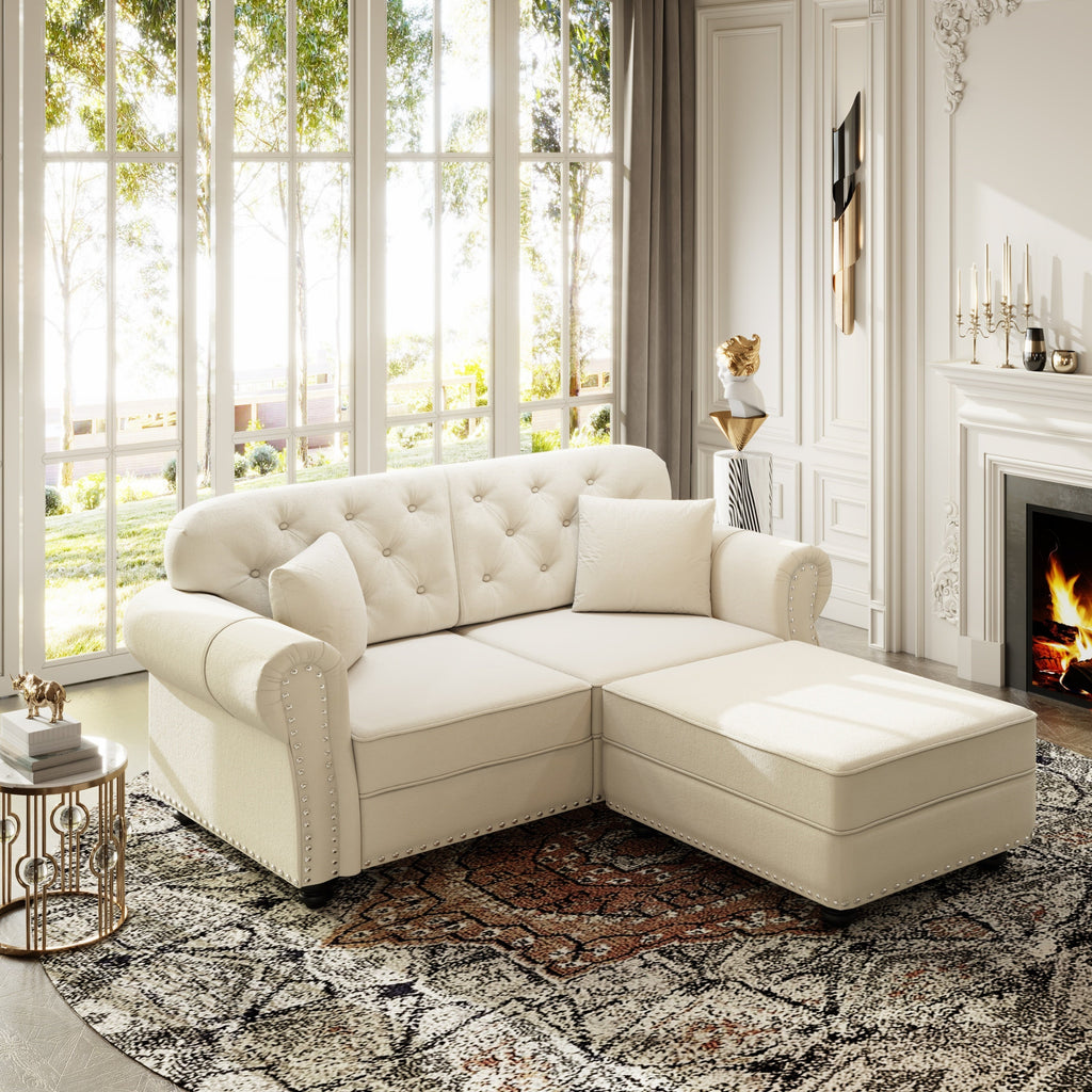 63'Upholstered Velvet Sofa with Nailhead Trim and Rolled Armrests,Mid-Century Modern Chesterfield Sofa with Button Tufted,Includes 2 Pillows,Beige/White