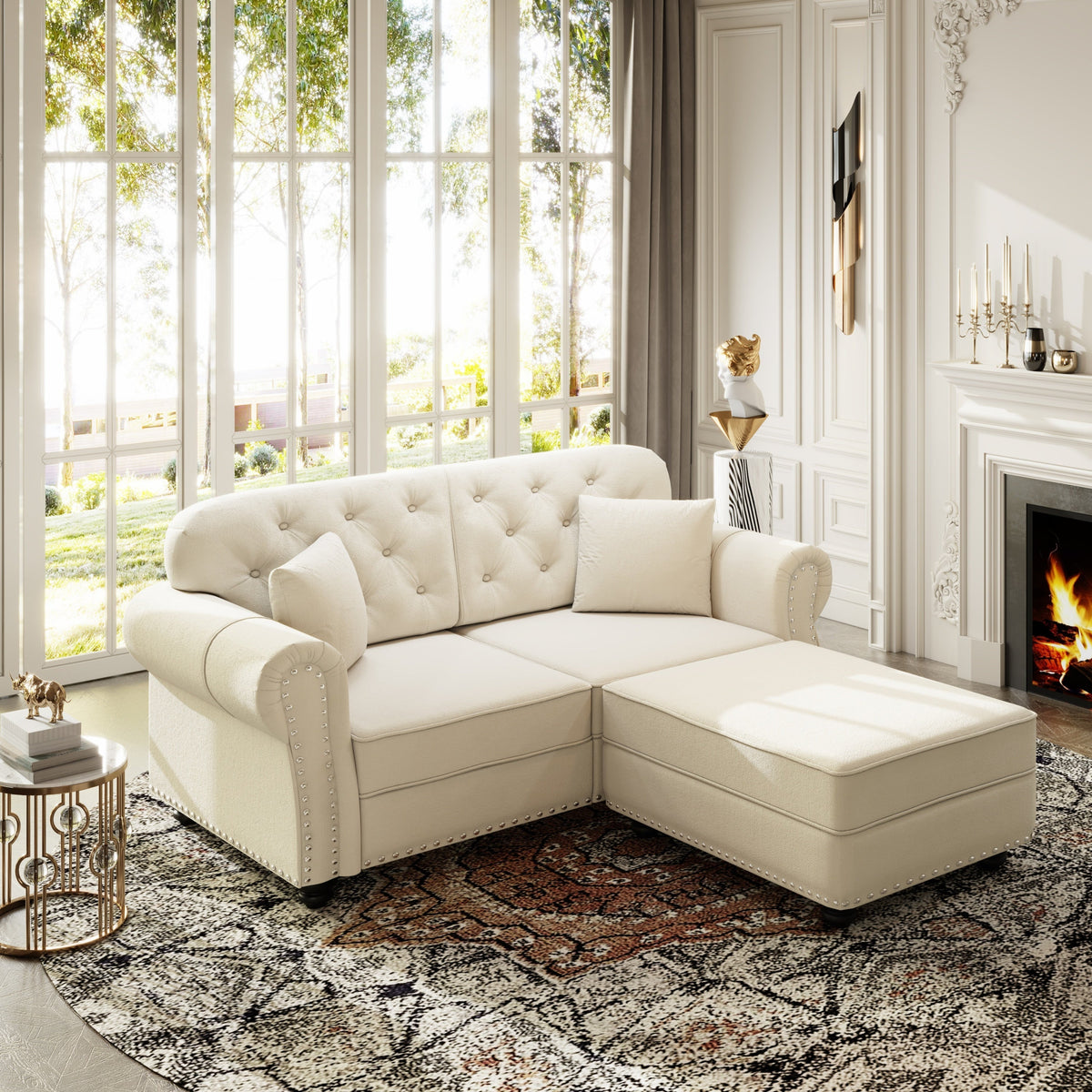 63'Upholstered Velvet Sofa with Nailhead Trim and Rolled Armrests,Mid-Century Modern Chesterfield Sofa with Button Tufted,Includes 2 Pillows,Beige/White