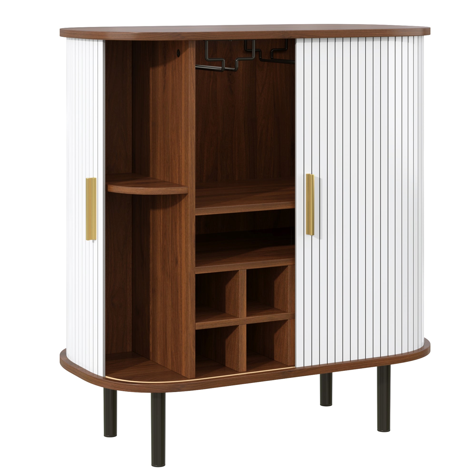 28' Fluted Wine Bar Cabinet with 8-Grid Wine Rack, 5-Level Adjustable Shelves, 2 Glass Holders, Smoothly Sliding Tambour Doors, 4 Hidden Storage Space on the Side, Modern Liquor Coffee Station, Black