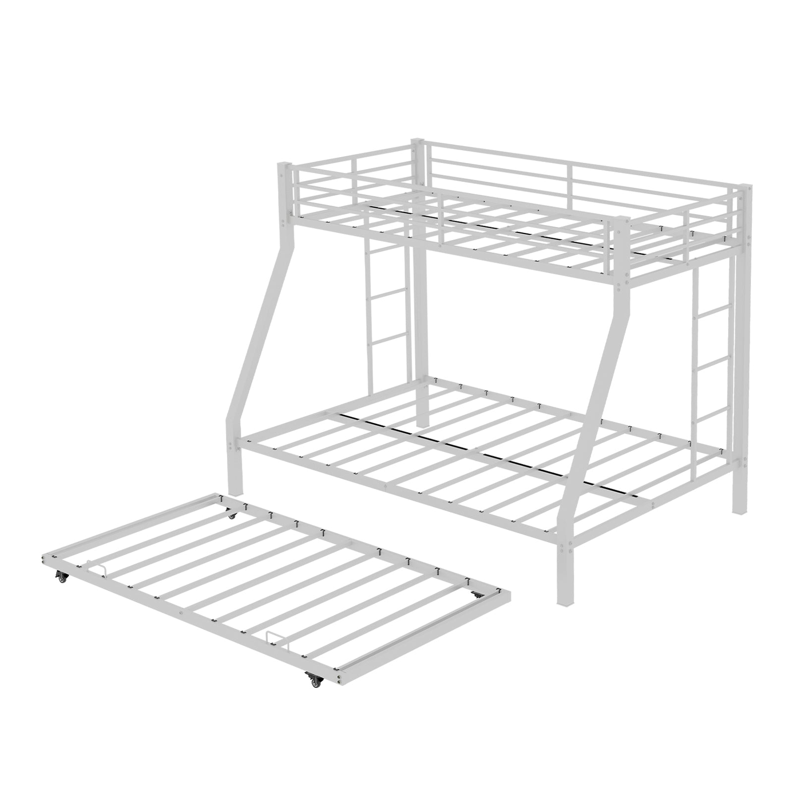 Modern Minimalist Square Tube Iron Bunk Bed with Ladder and Rolling Trundle, Full Size 137cm x 190cm, Black