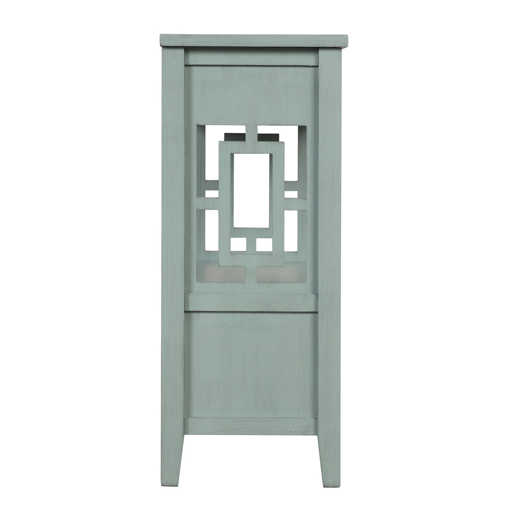 Farmhouse console table bottom hidden drawer handles detail