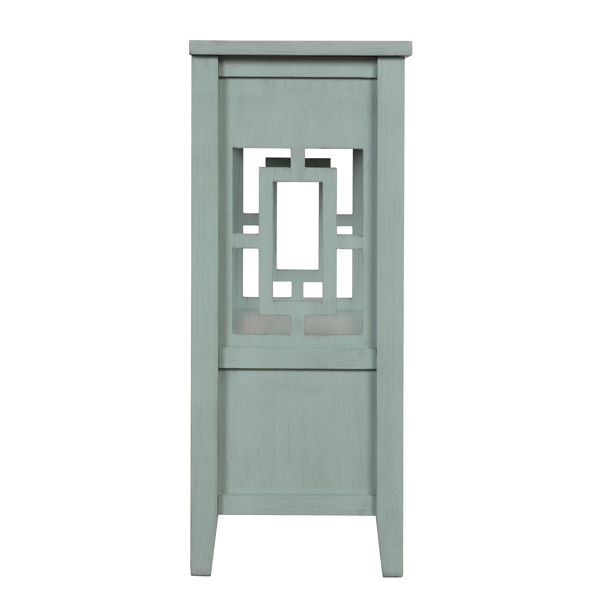 Farmhouse console table bottom hidden drawer handles detail