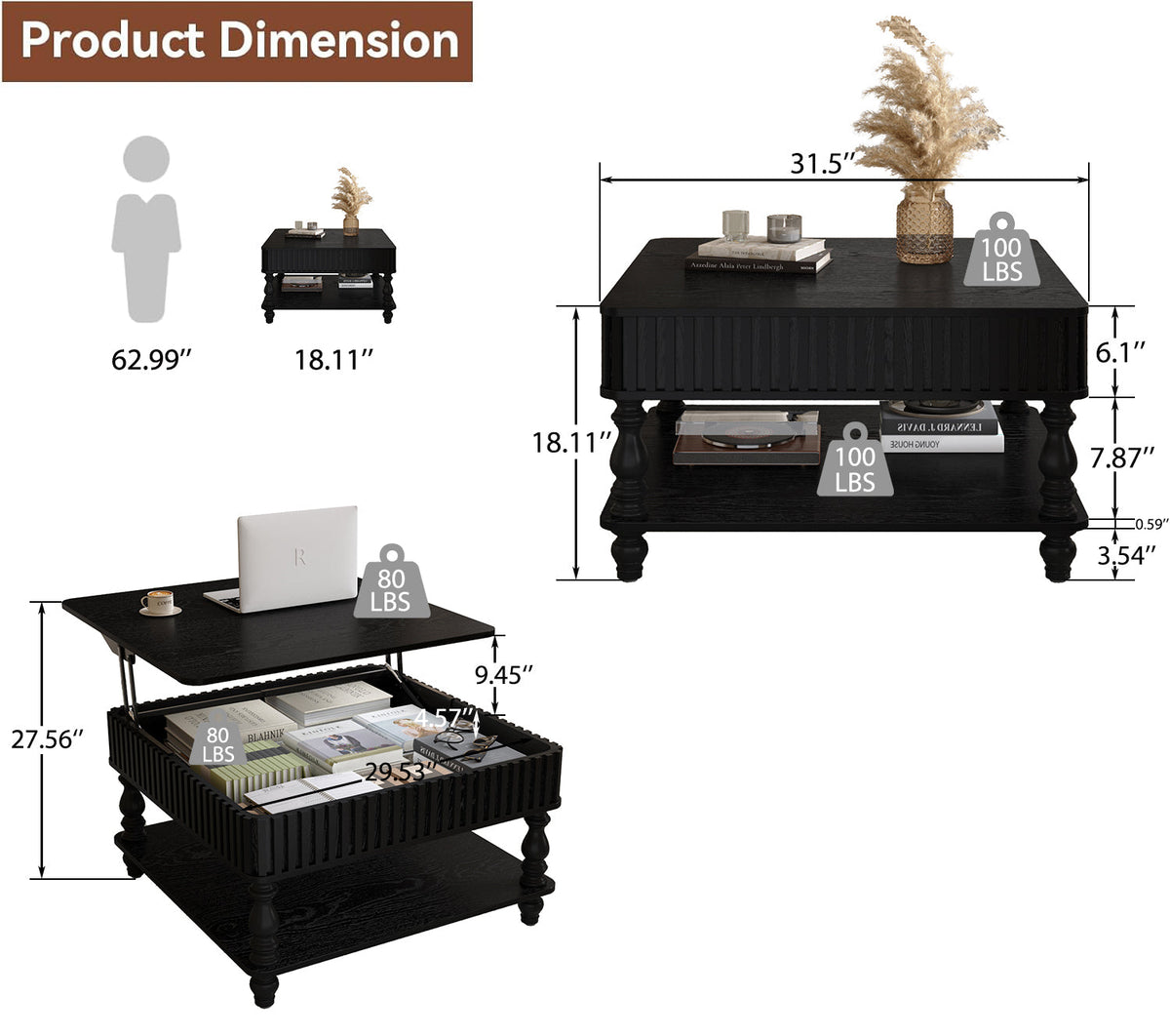 31.5 Inch Square Fluted Lift-Top Coffee Table with Hidden & Open Storage, Hydraulic Raising Mechanism, Retro Solid Wood Legs for Living Room, Sofa (Natural Wood)