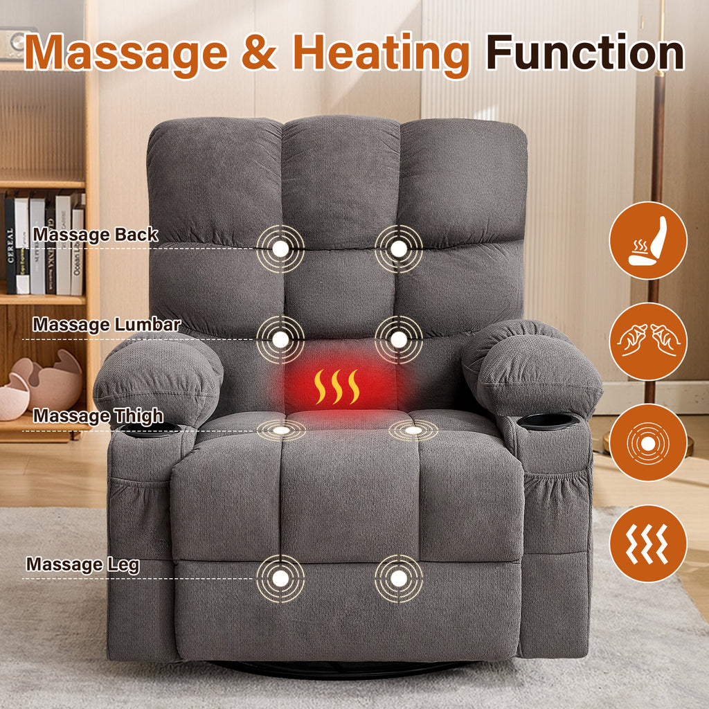 Oversized gray recliner chair 360-degree swivel detail