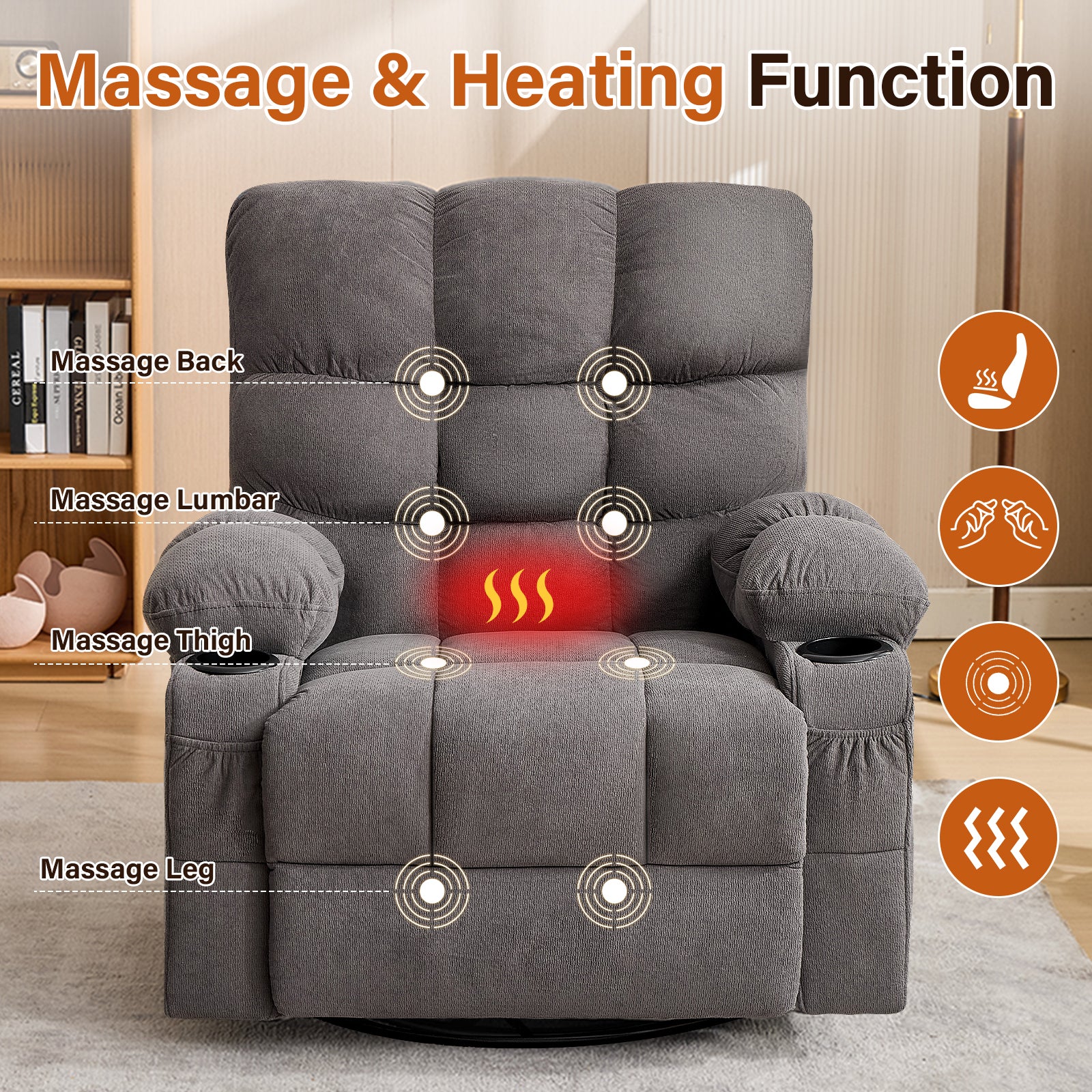 Oversized gray recliner chair 360-degree swivel detail