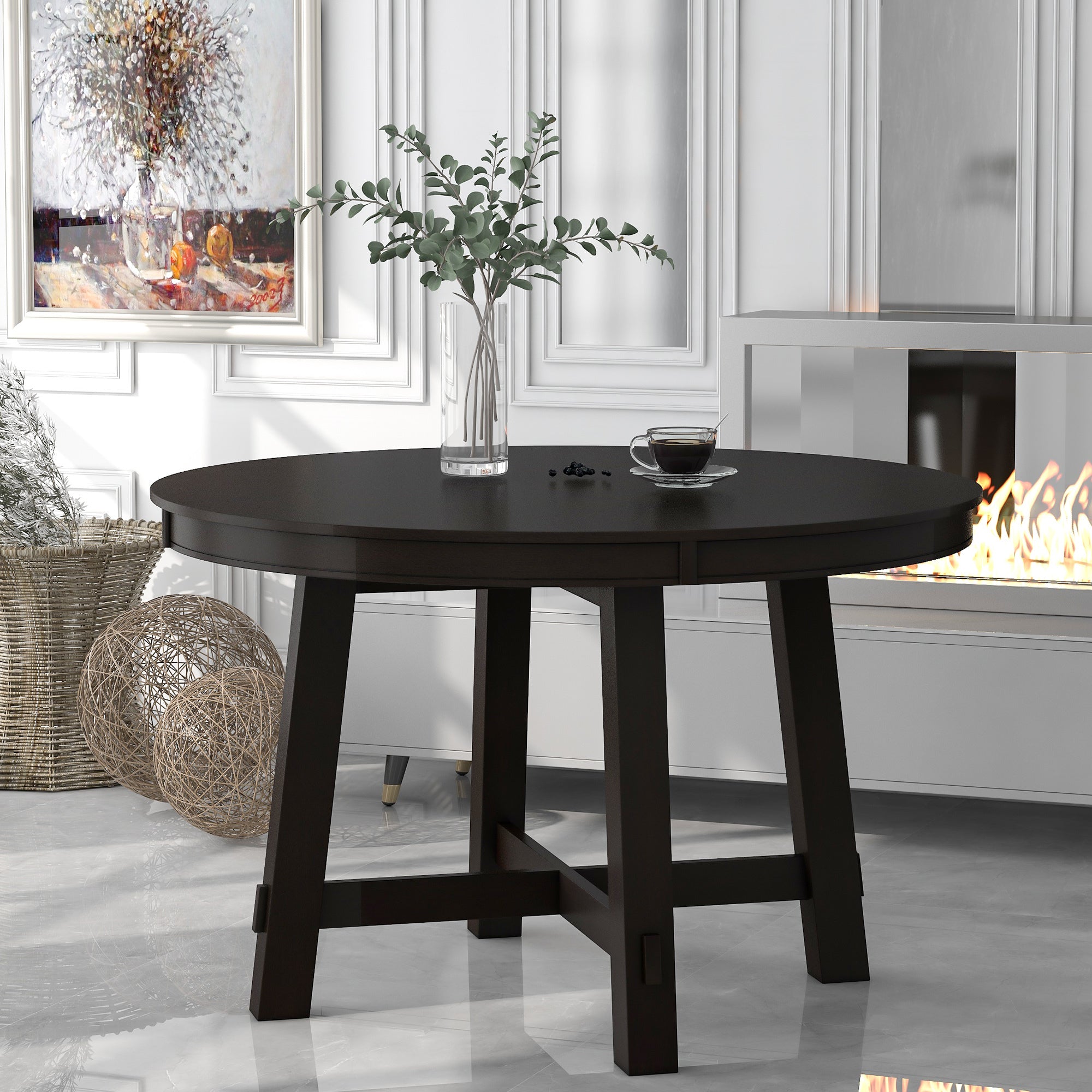 Round Extendable Dining Table — 16" Leaf, X-Base, Seats 6