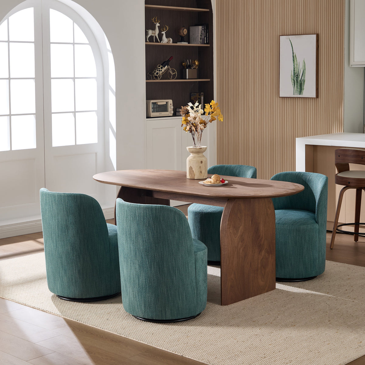 Set Of 1 Upholstered Kitchen & Dining Room Barrel Chair, Mid Century Modern Round Linen Dining Chair, 360 Degree Swivel Comfy Armless Accent Makeup Vanity Side Chair for Bedroom Living Room