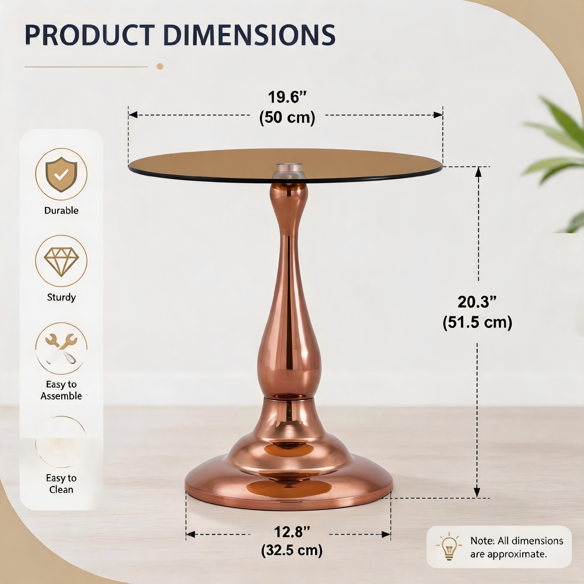 Round metal side table rose gold finish angled product view