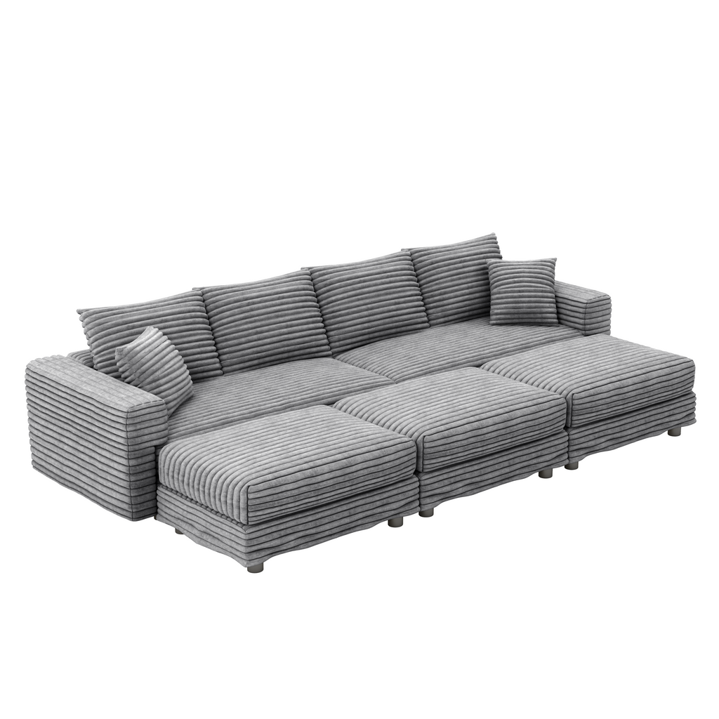 102.4 'Plush Corduroy 4-Seat Sofa,Modern Comfy Upholstered Sofa Cloud Couch,Deep Seat Couches with Soft Pillows and 3 Ottomans,Convertible Sofa Lounge Chair,Black(Old SKU:W1885S00287)