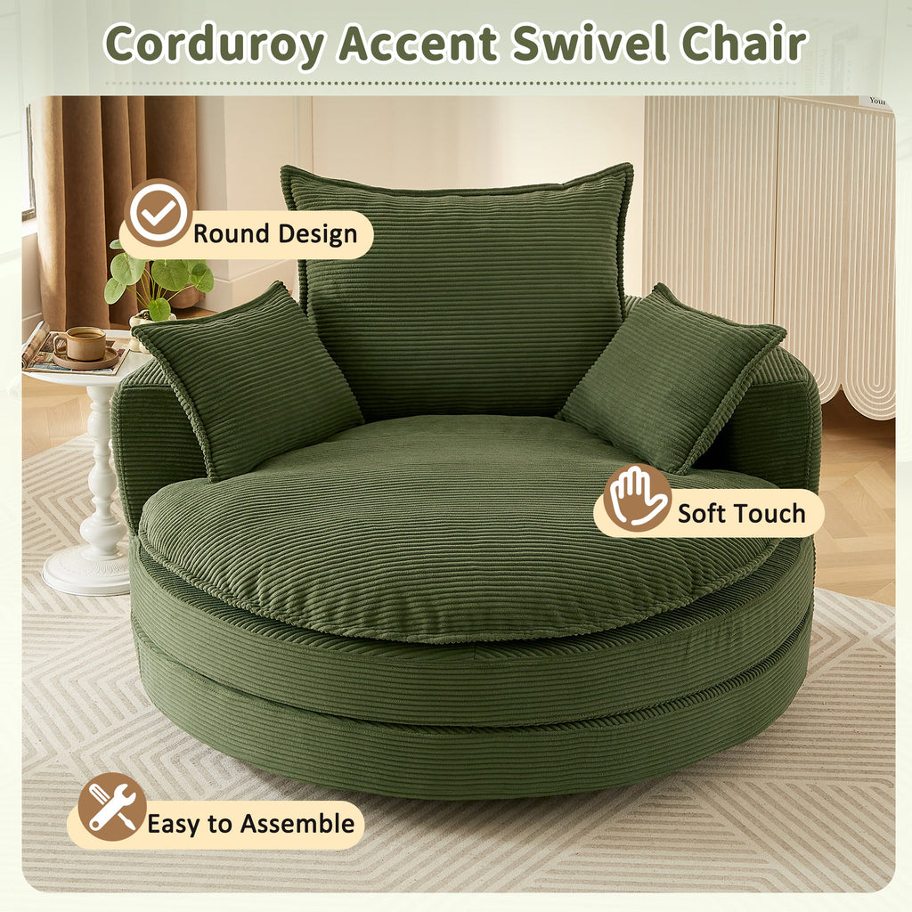 Corduroy Swivel Barrel Chair — 360° with Removable Pillows