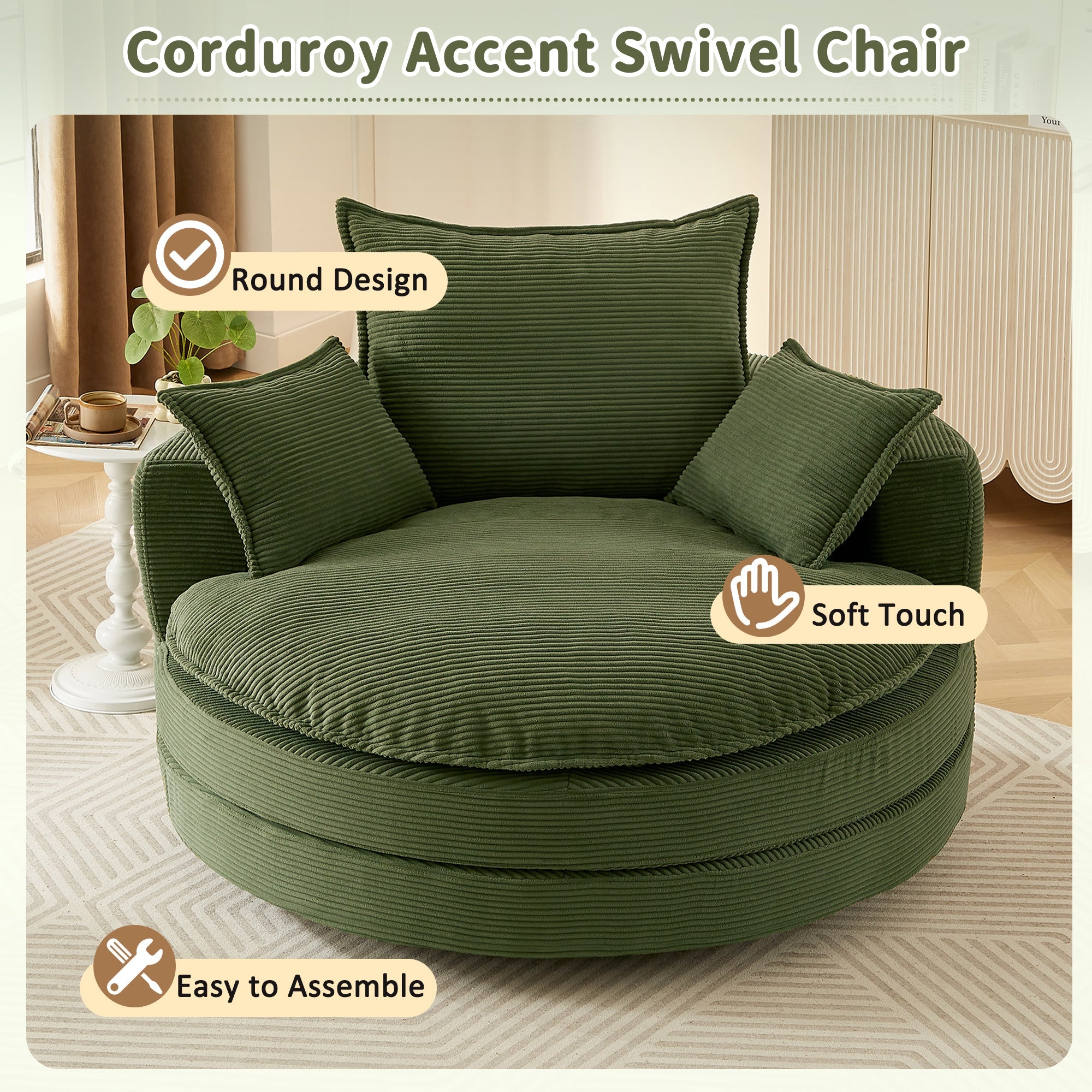 Corduroy Swivel Barrel Chair — 360° with Removable Pillows
