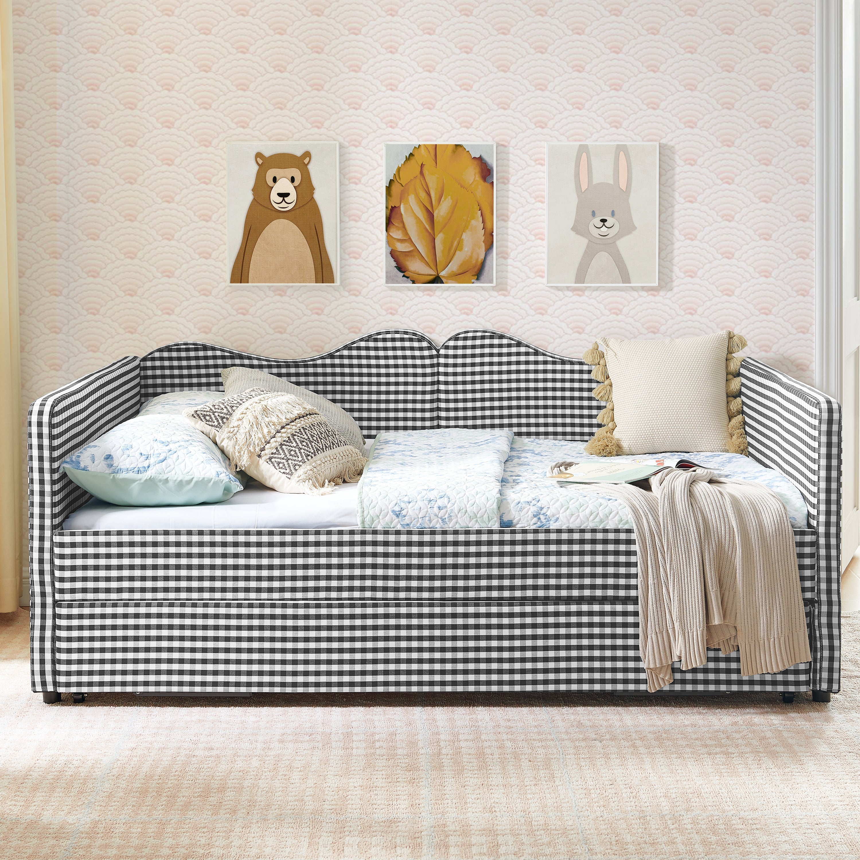 Full‑Size Daybed,Gingham Upholstered Daybed Equipped with Pull-Out Trundle Bed Frame & Side Storage Pocket, Solid Wood Frame Multi-Functional Sofa Bed for Kids Room & Guest Bedroom-PINK