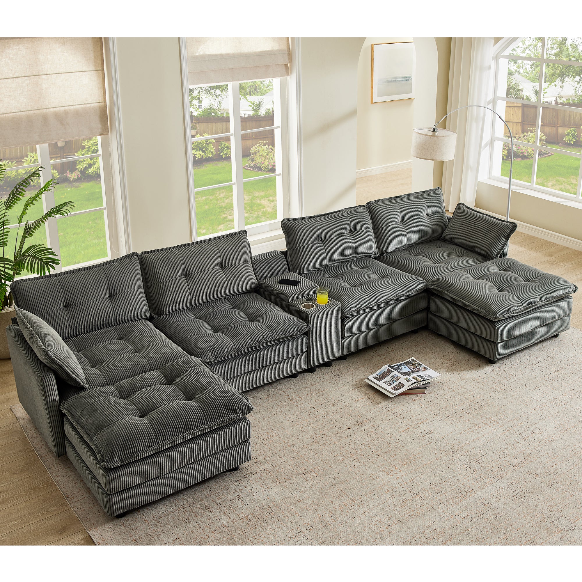 Gray modular U-shaped sectional sofa corduroy fabric living room setting