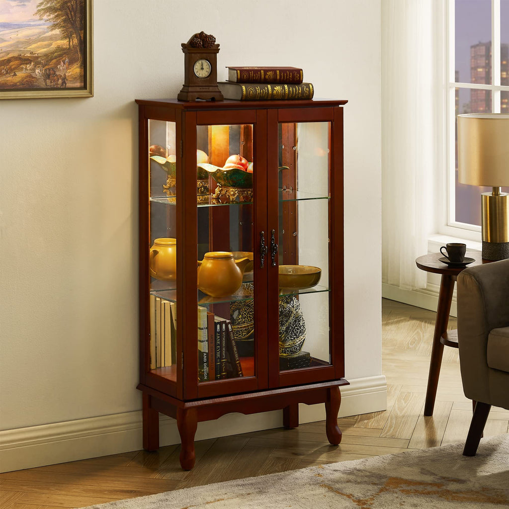Glass door curio cabinet classic cherry wood finish detail