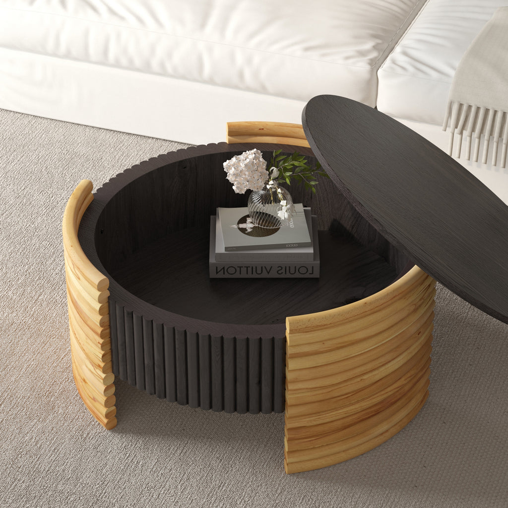 Colorblock round center table fluted stripe design living room setting