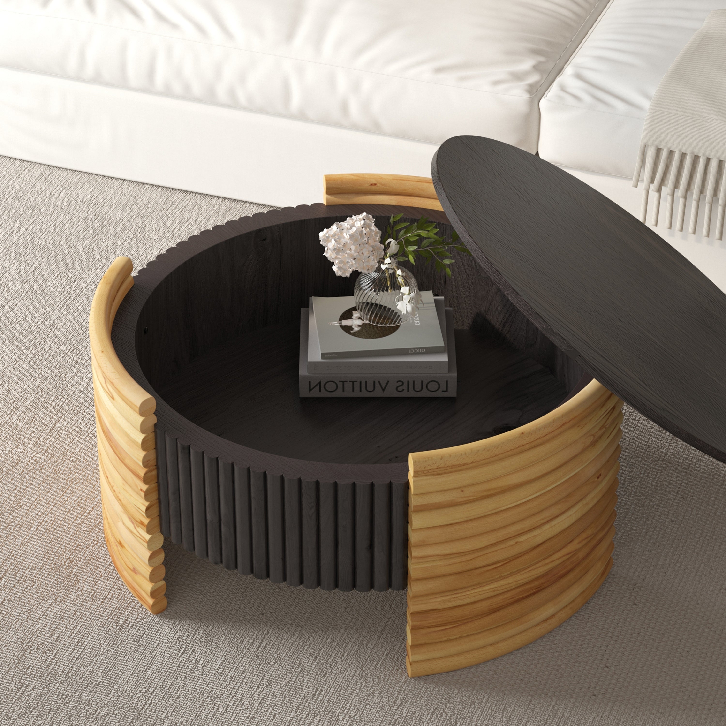 Colorblock round center table fluted stripe design living room setting