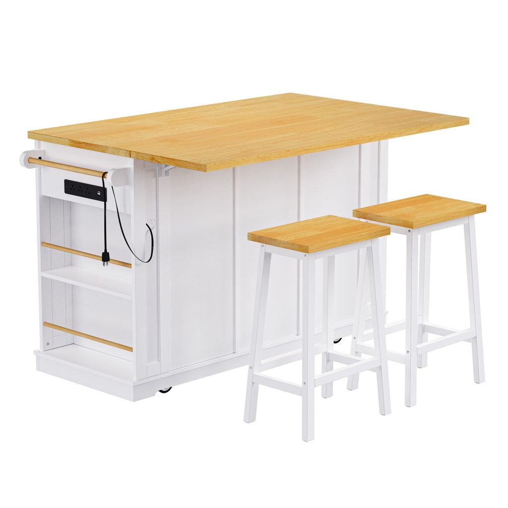 K&K 53inch Large Kitchen Island with 2 Bar Stools, Power Outlet,Door Internal Storage Rack, Kitchen Storage Cart on 5 Wheels with Drop Leaf, 5 Open Side Racks, 3 Drawers,Black (Three Packages)