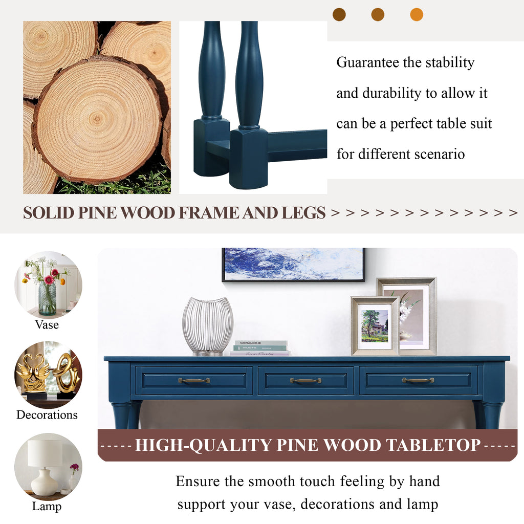 Navy blue wood console table drawer open view
